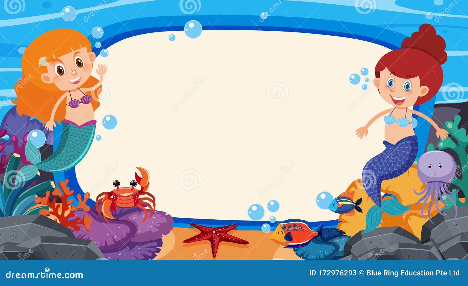 Frame Design Template with Mermaid and Fish in Background Stock Vector