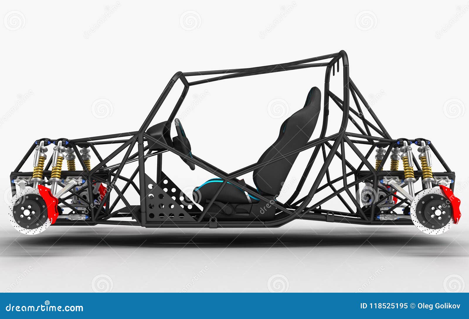 the frame frame of the sports car is a buggy with the basic  s of the suspension and the pilot`s seat.