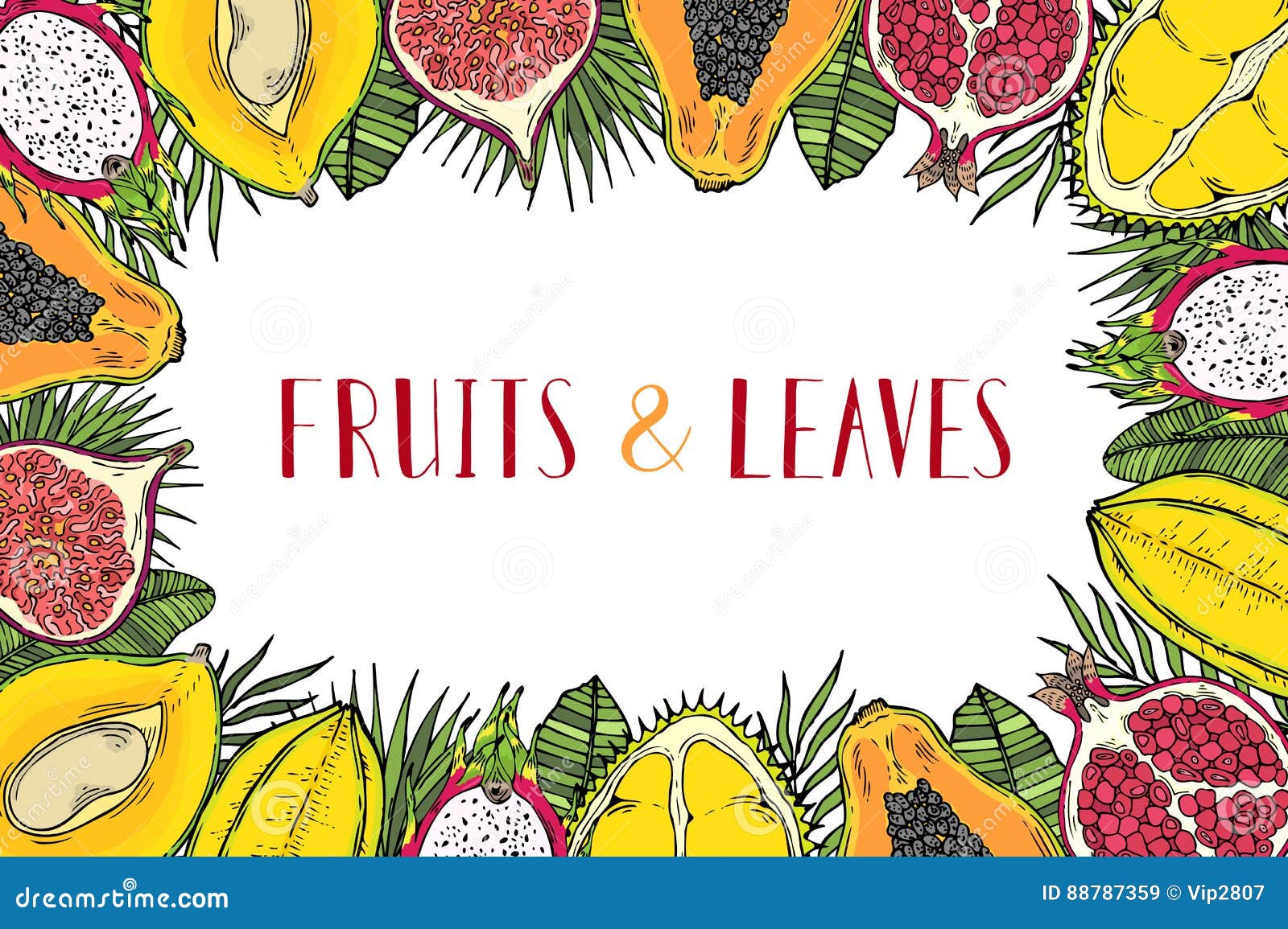 frame of fruits and tropical leaves with the words healthy food