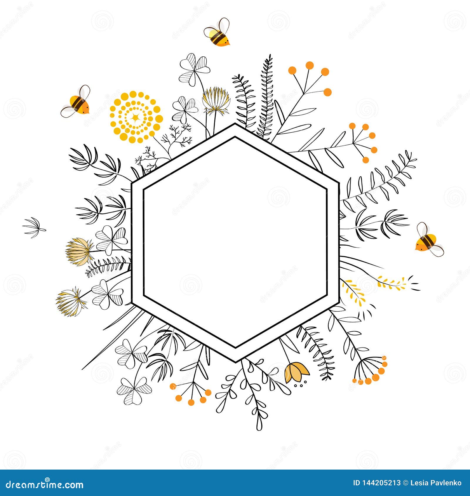Frame with Honey Flowers and Bees. Cartoon Vector Illustration ...
