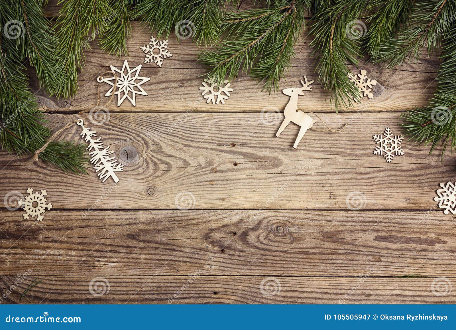 Frame Made of Pine Branches and Christmas Decorations on Old Woo Stock ...