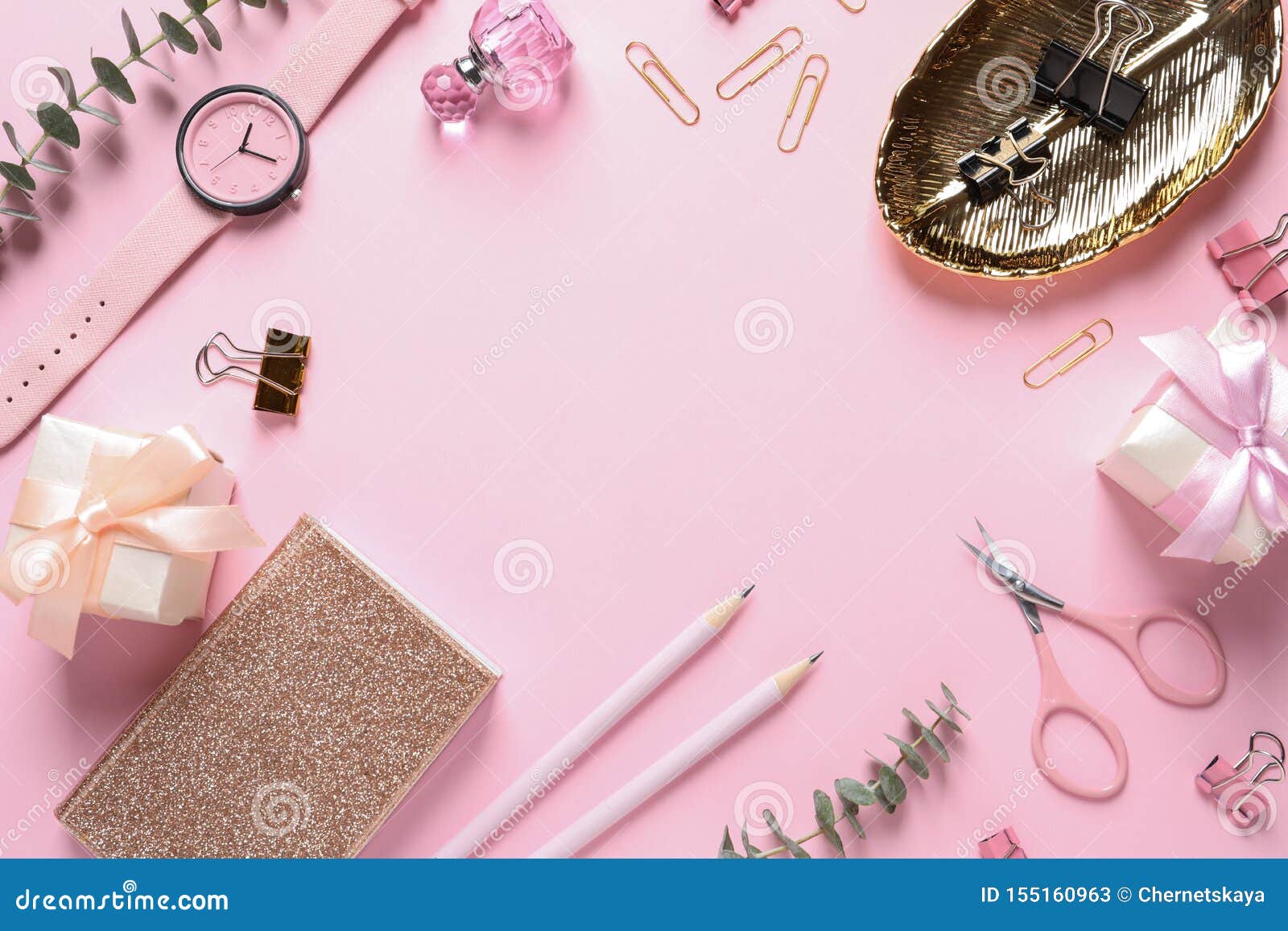 Frame Made with Scissors, and Fashion Accessories on Pink Background