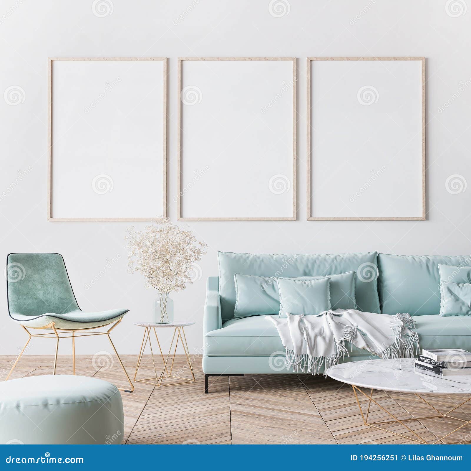 frame mockup in bright modern living room , three vertical wooden frames