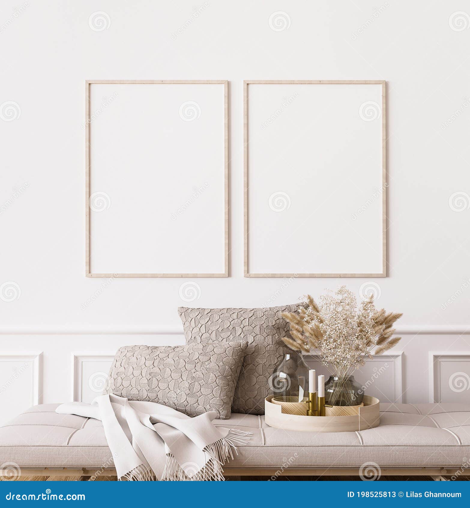 frame mockup in contemporary living room , two vertical frames on white wall background