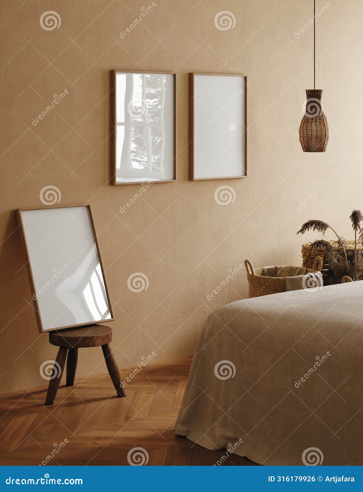 frame mockup in cozy beige japandi bedroom interior
