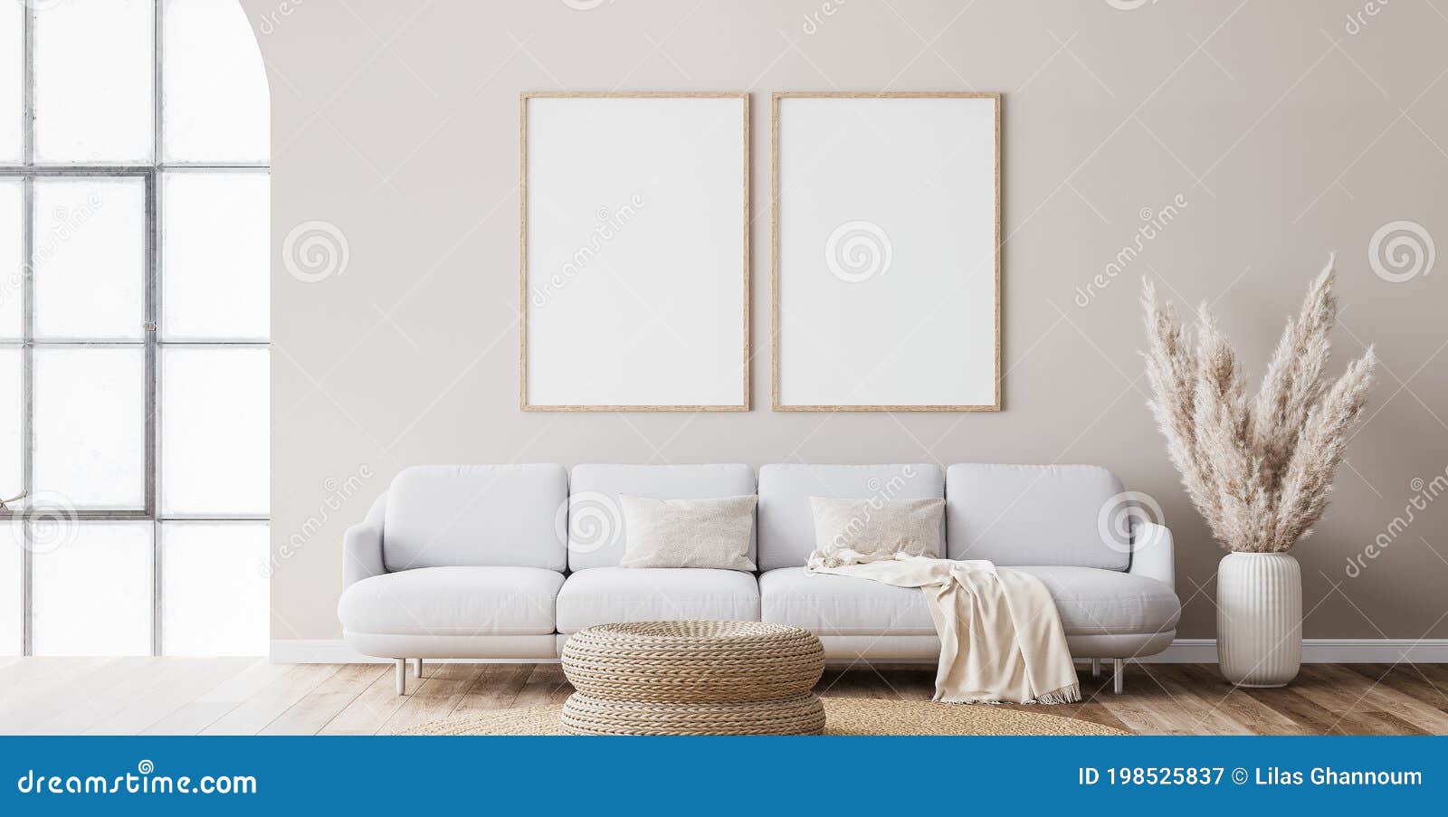 frame mockup in farmhouse living room , white furniture on bright wall background