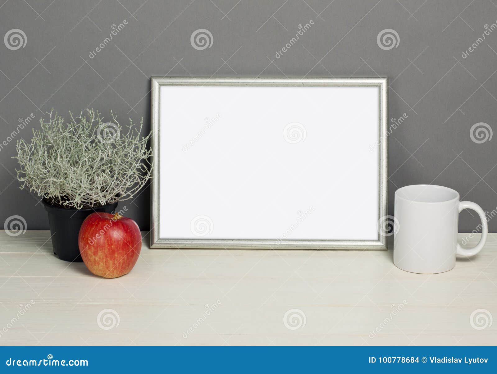 Download Frame Mockup With Plant Pot, Mug And Apple On Wooden Shelf Stock Photo - Image of flower ...