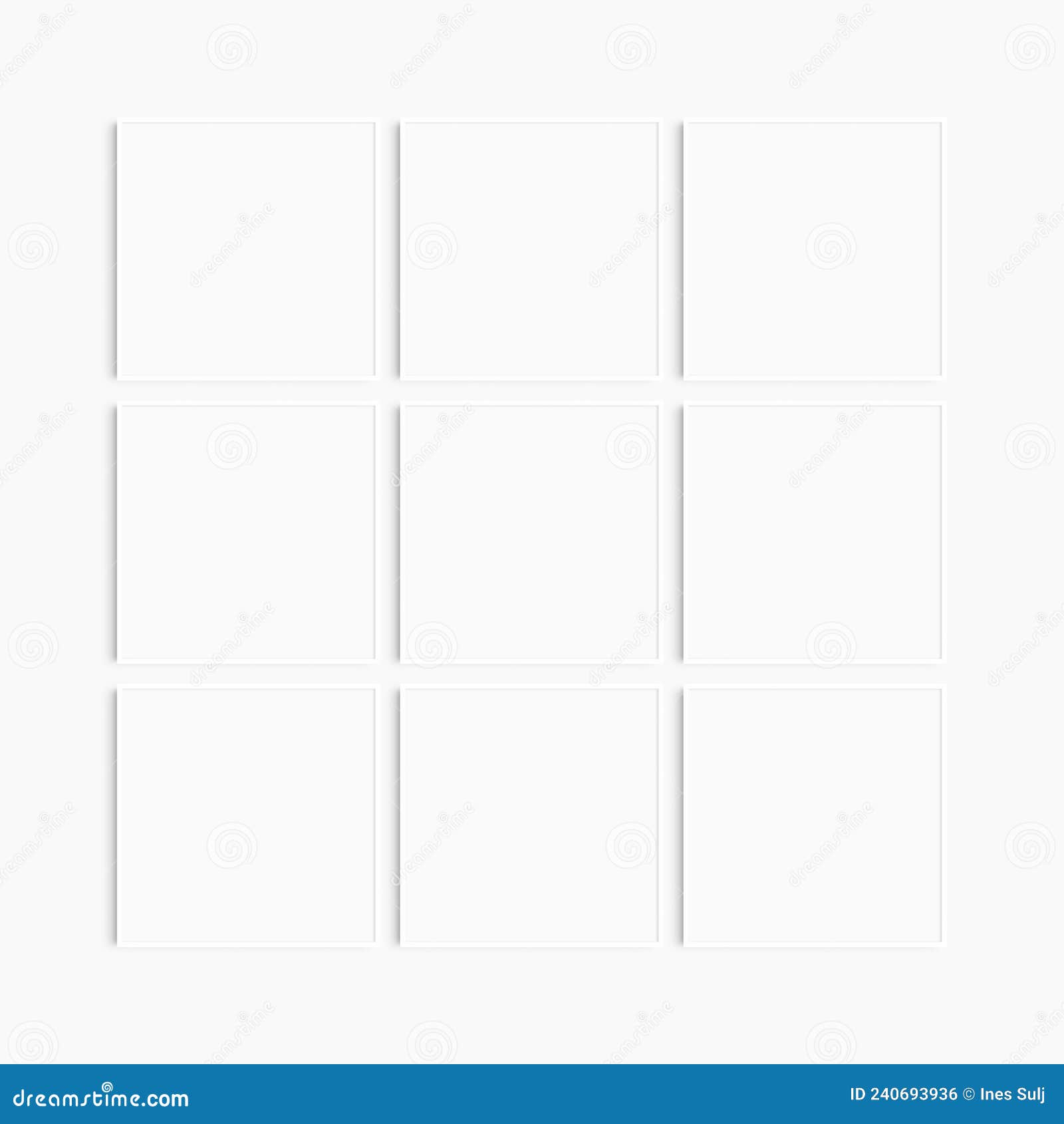 Frame Mockup 11 Square. Set of Nine Thin White Square Frames Stock