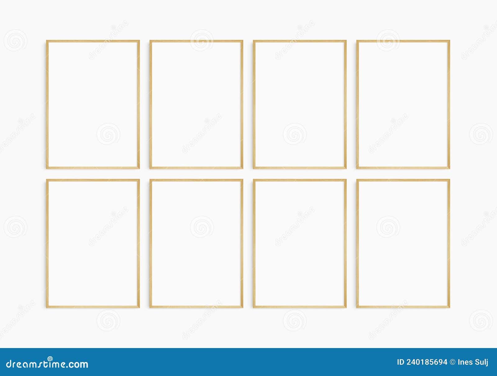 frame mockup 5x7, 50x70, a4, a3, a2, a1. set of eight thin oak wood frames. gallery wall mockup, set of 8 frames. clean, modern,