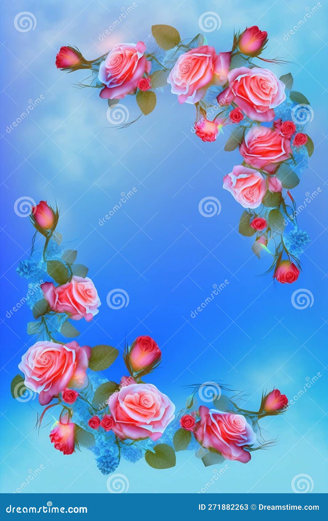 Frame with Pink Roses on Blue Background Stock Illustration
