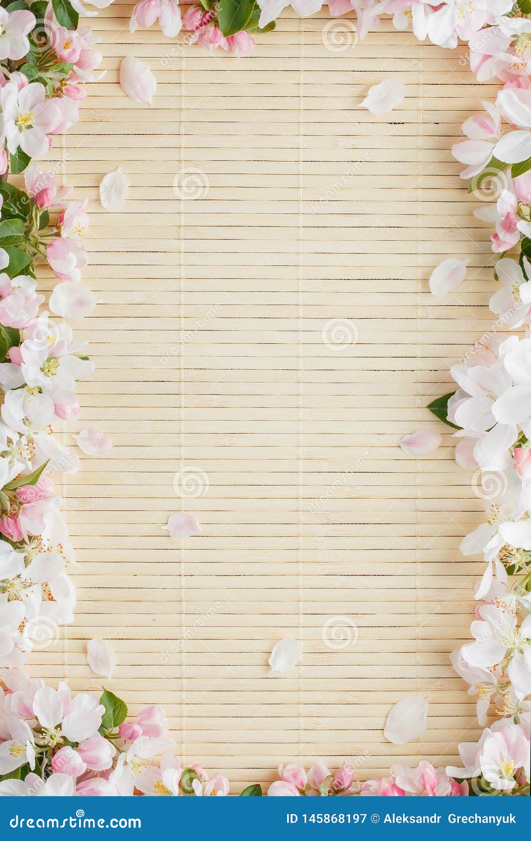 Frame of Spring Flowers of Sakura on Bamboo Background. Beautiful