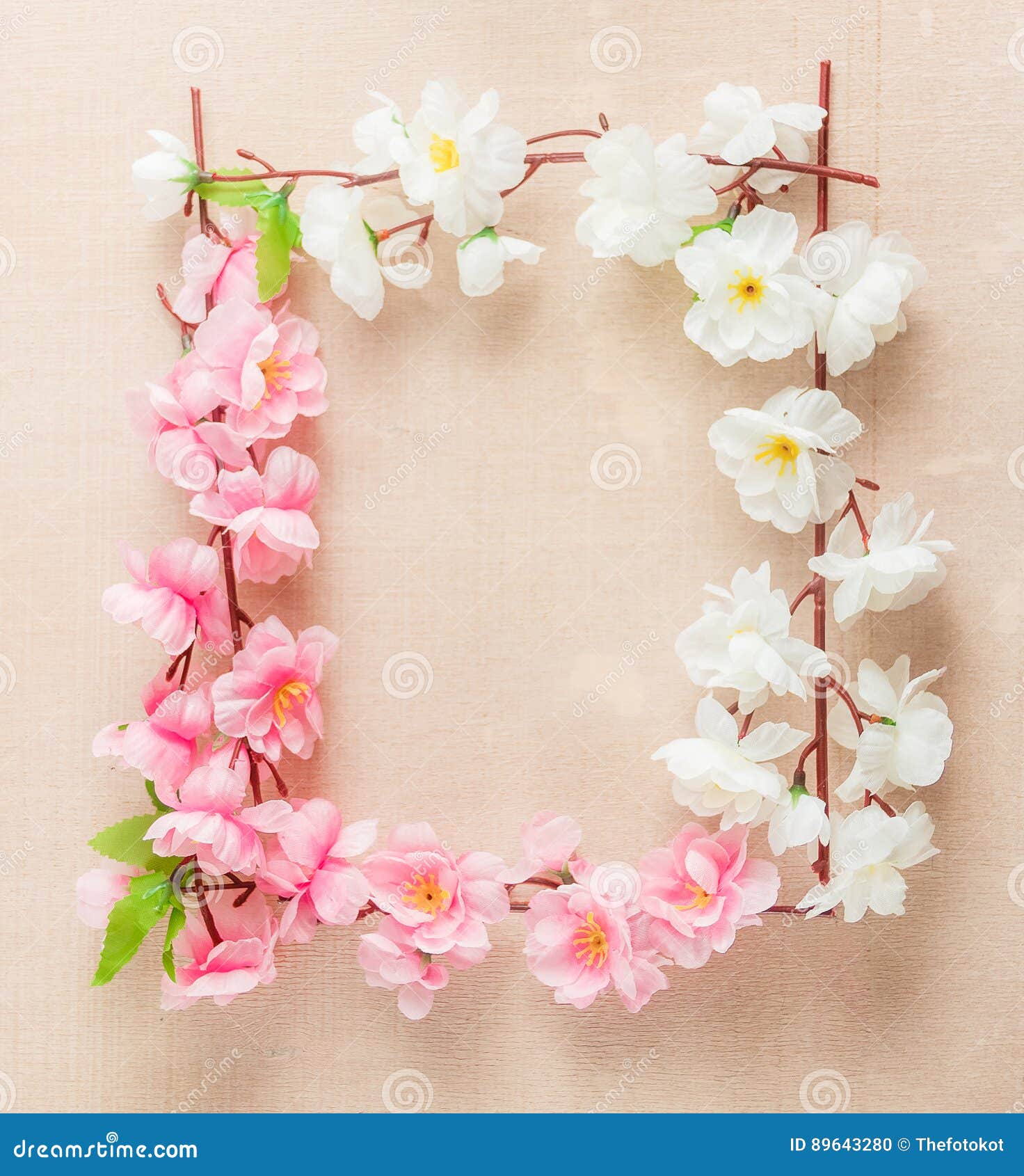 Frame of Spring Flowers on a Wooden ,with Space for Text ,spring or
