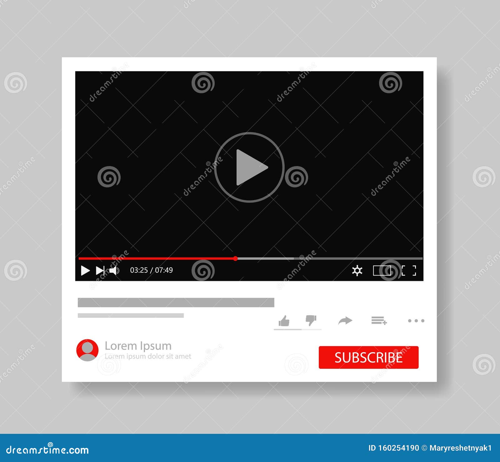 frame video player interface.  mockup video channel pc. tube window template with subscribe for web, media app.player screen