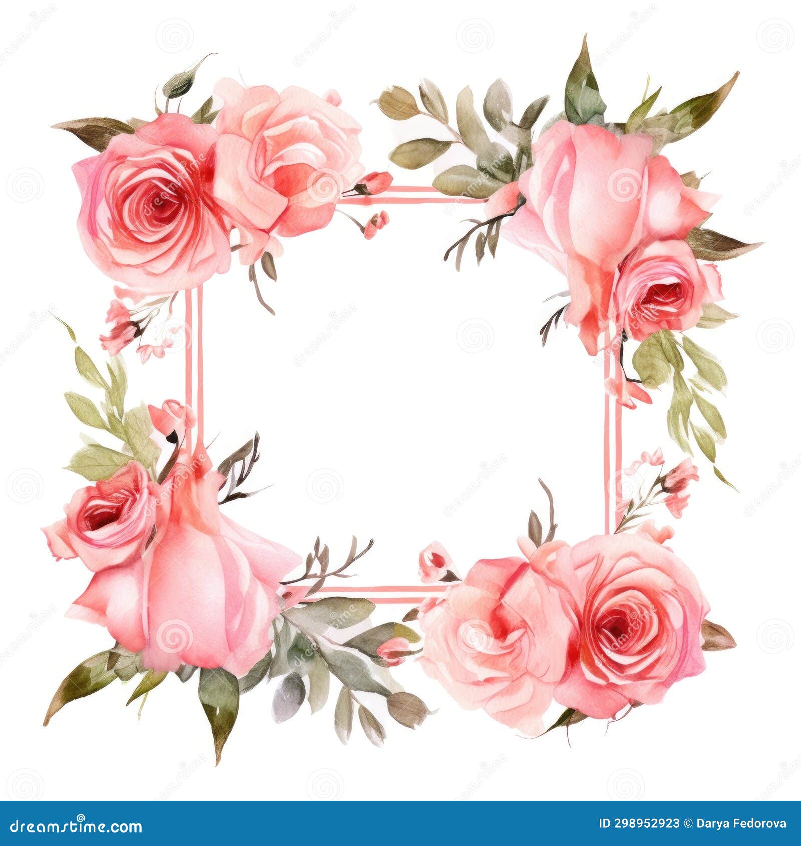 Frame of Watercolor Rose Flowers and Leaves on White Background. Stock ...