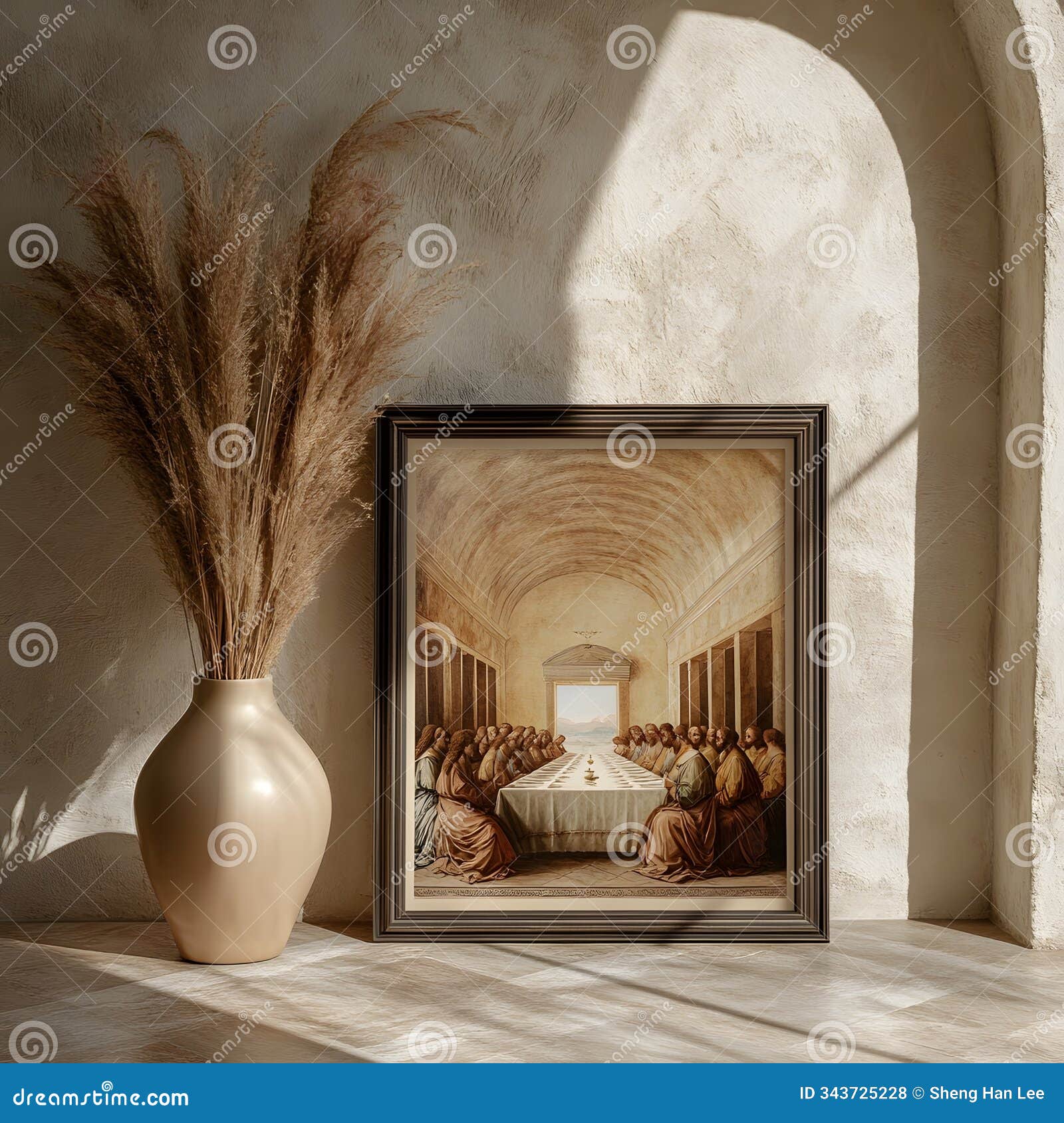 framed art with rustic vase display
