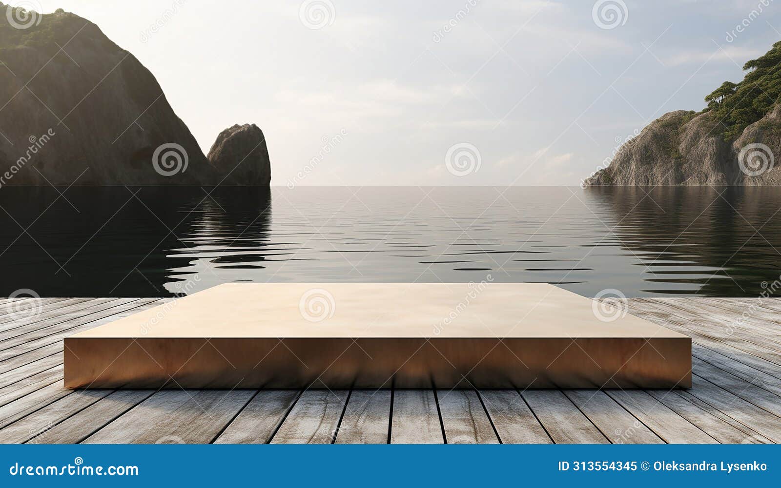 framed wood podium stage for product on sea ocean background. template wooden display stand on seaside. stylish products showcase