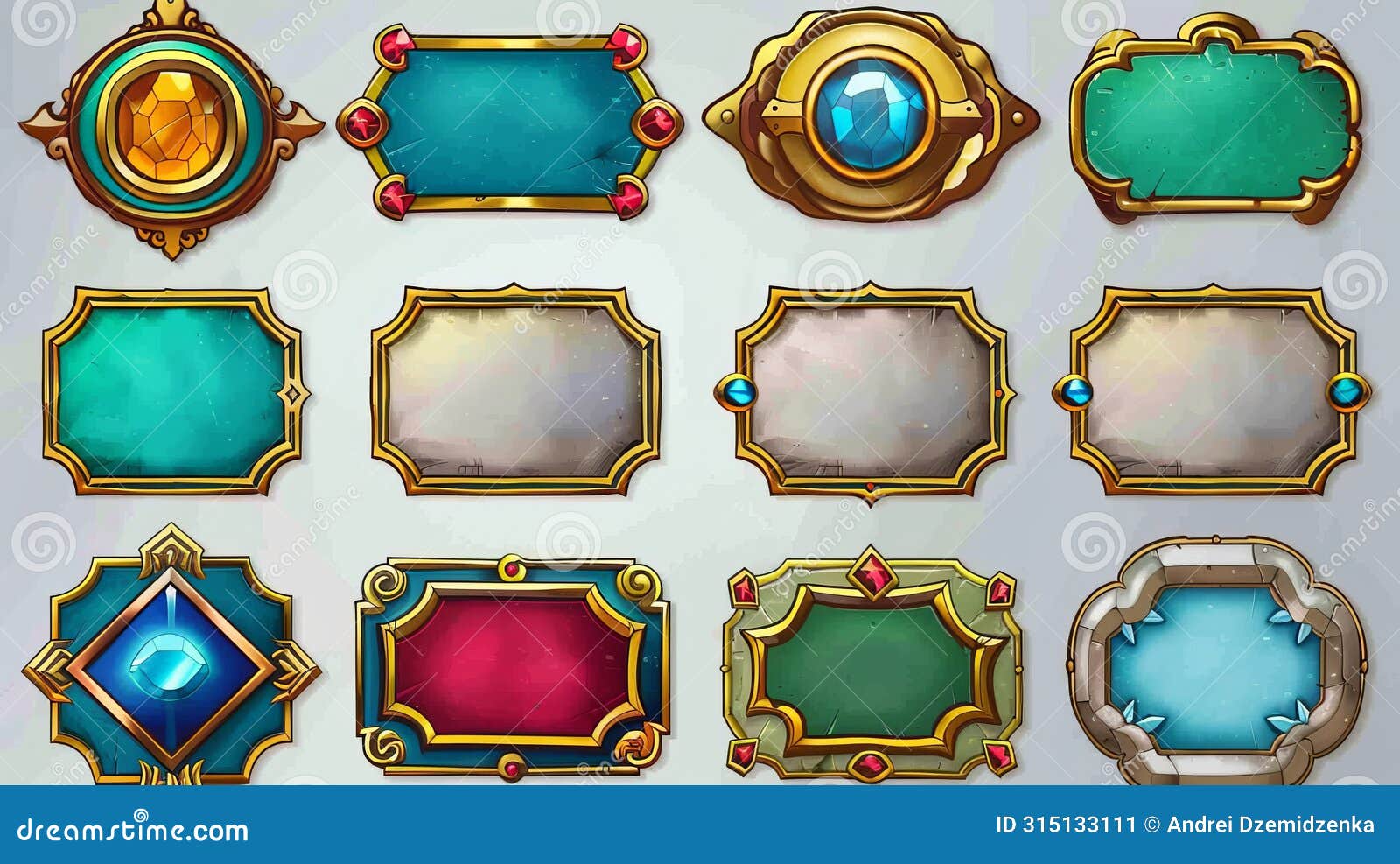 frames for an avatar in a medieval ui game with silver and gold borders. cartoon empty metallic bordering with fancy