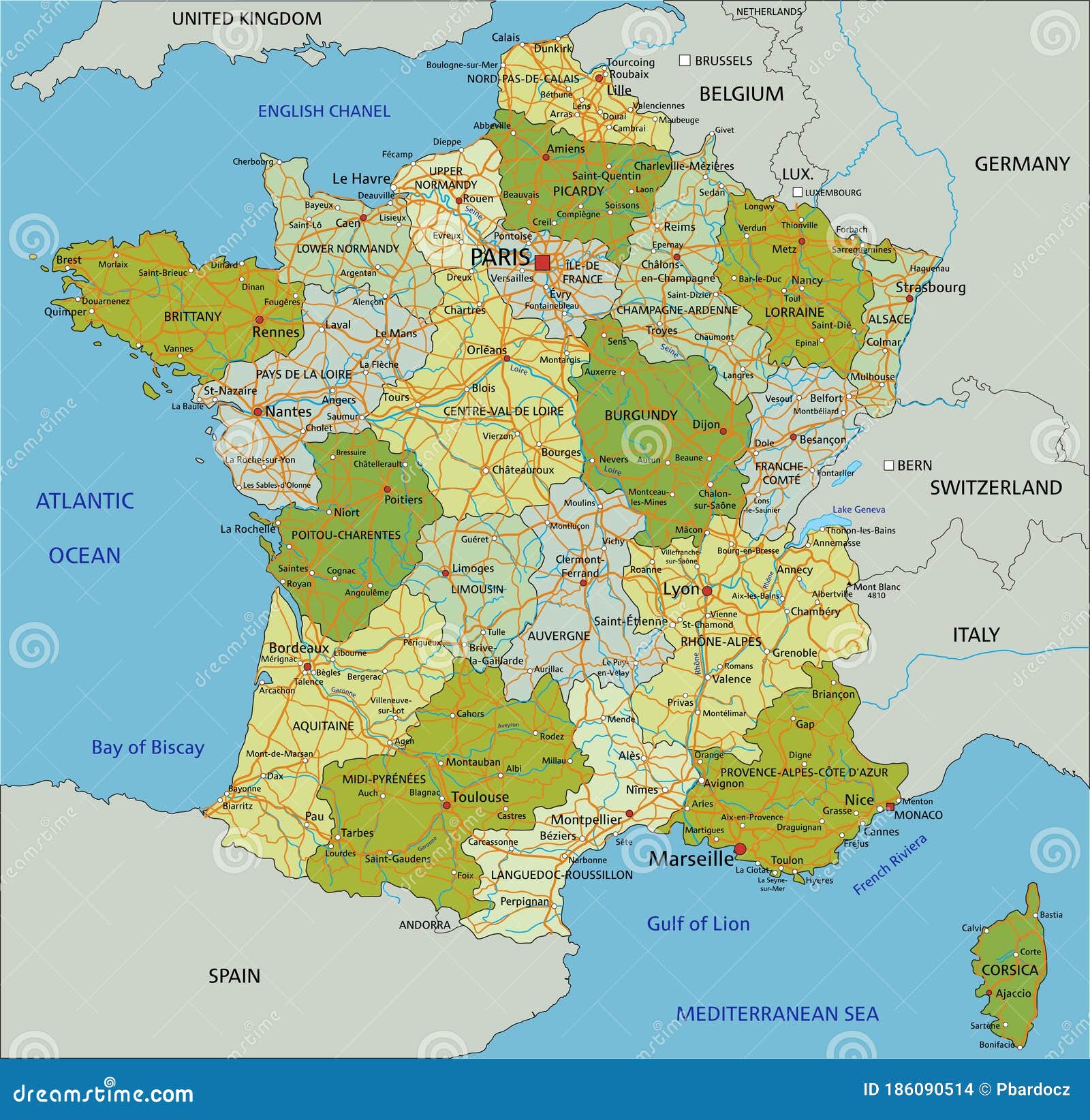 Highly Detailed Editable Political Map with Separated Layers. France