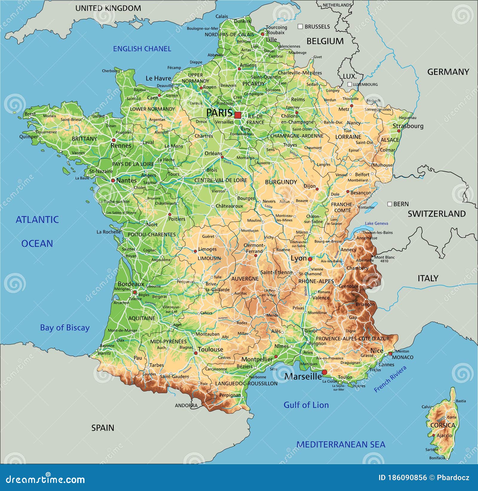 High Detailed France Physical Map with Labeling. Stock Vector ...