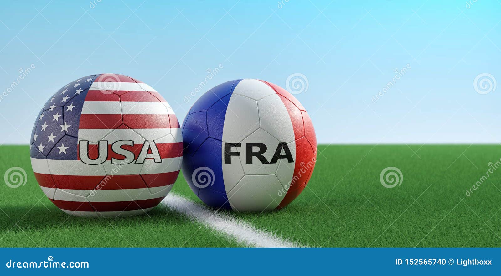 France Vs. USA Soccer Match Soccer Balls in France and USA National Colors on a Soccer Field