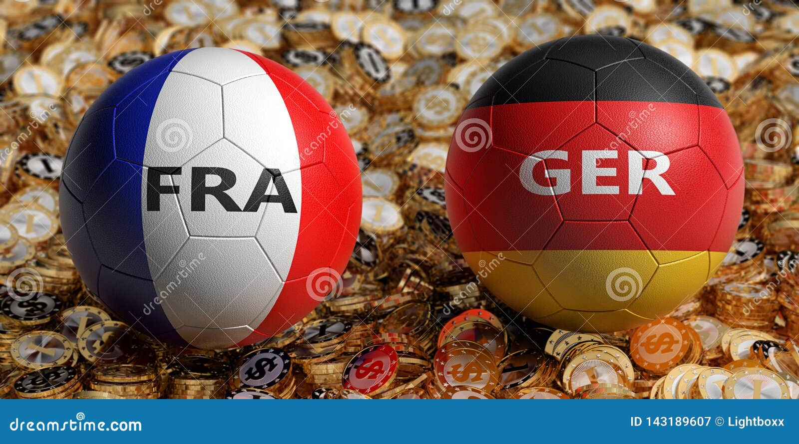 Francia contra Partido de fútbol de Alemania - balones de fútbol en los colores nacionales de Francia y de Alemania en una cama de las monedas de oro del dólar representaci?n 3d