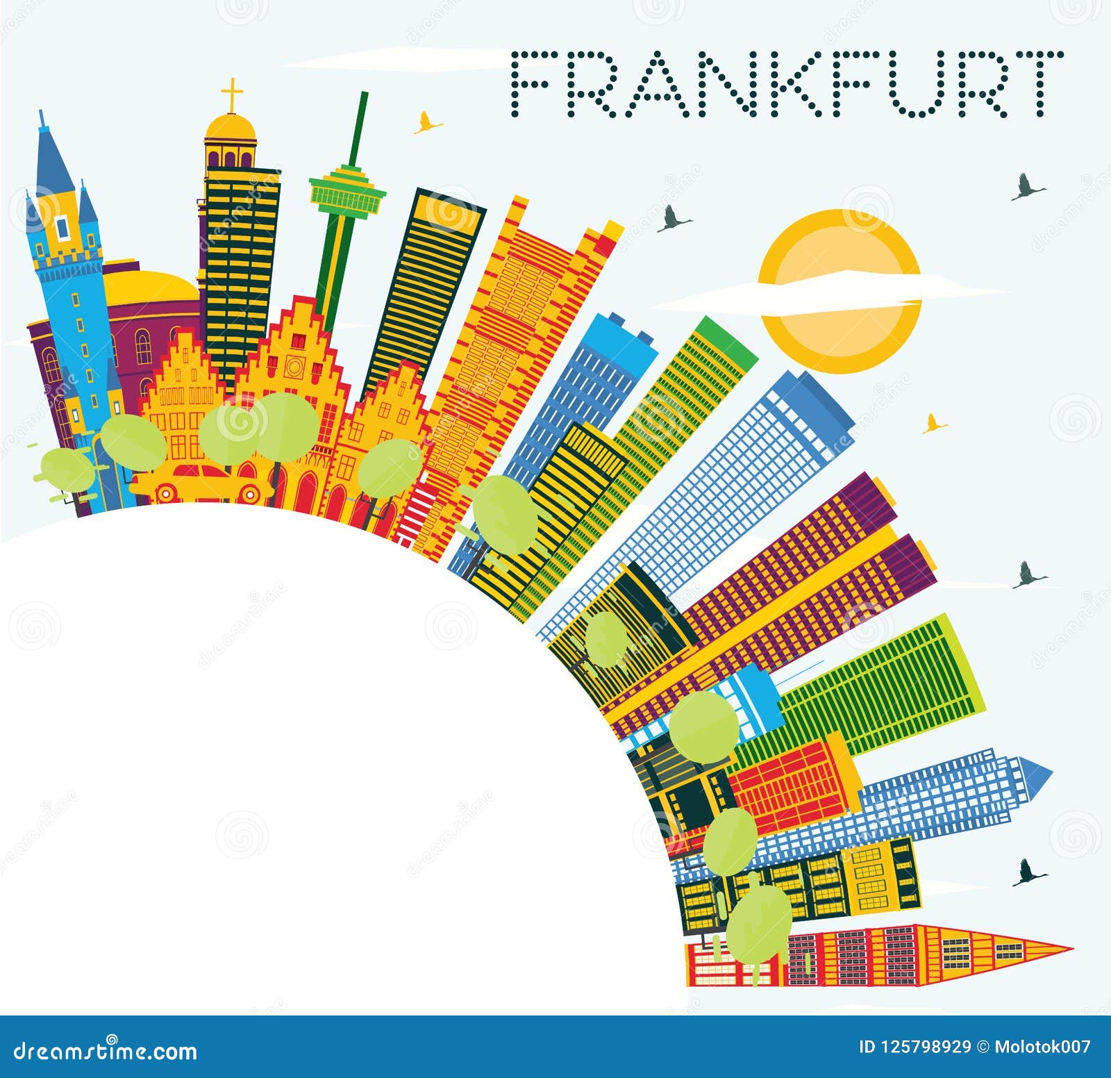 frankfurt germany city skyline with color buildings, blue sky an