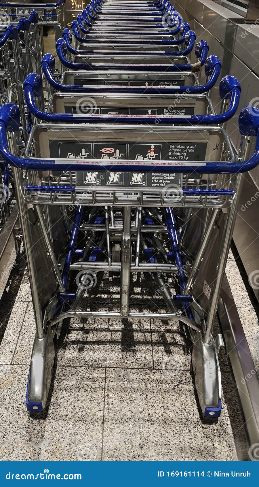 Frankfurt,Germany,2019.Lined Up Empty Luggage Trolleys at Frankfurt