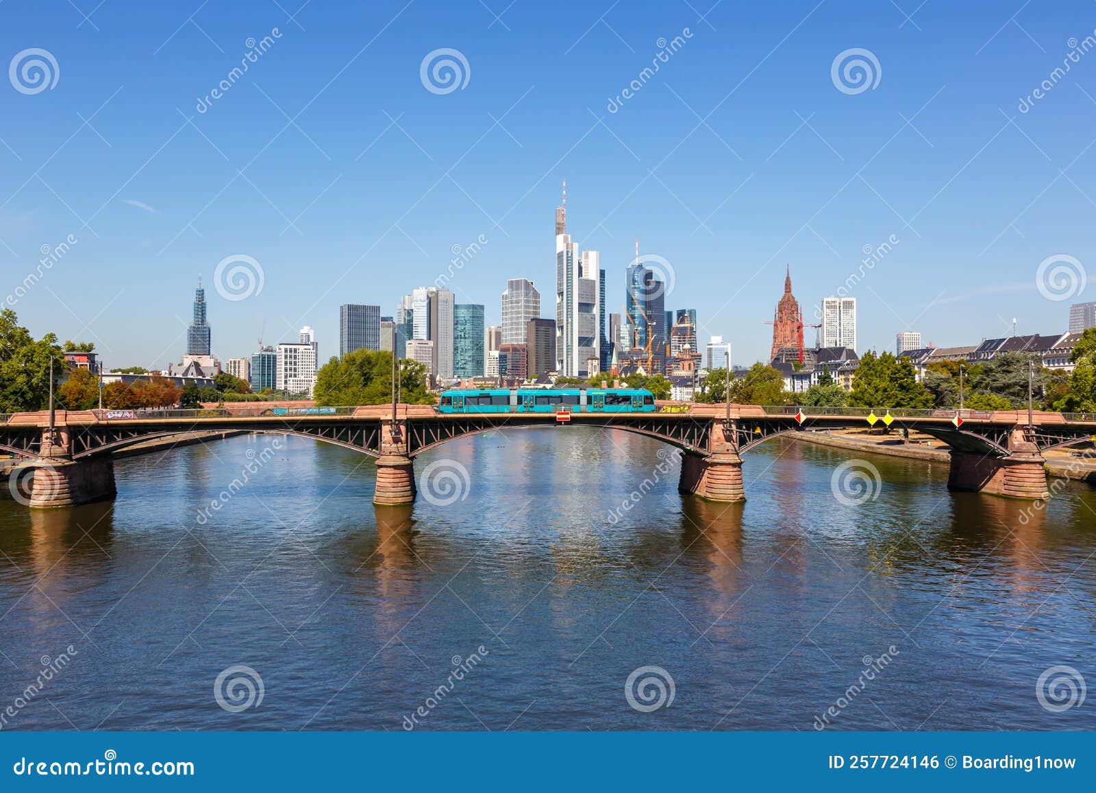 frankfurt skyline with main river and tram on ignatz bubis bridge travel traveling in germany