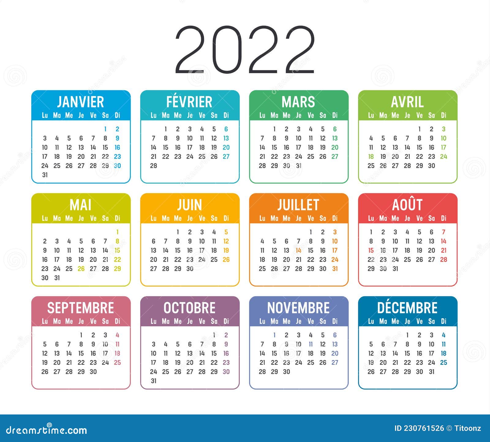 Franse Kalender 2022 Vector Illustratie. Illustration Of Kleur - 230761526