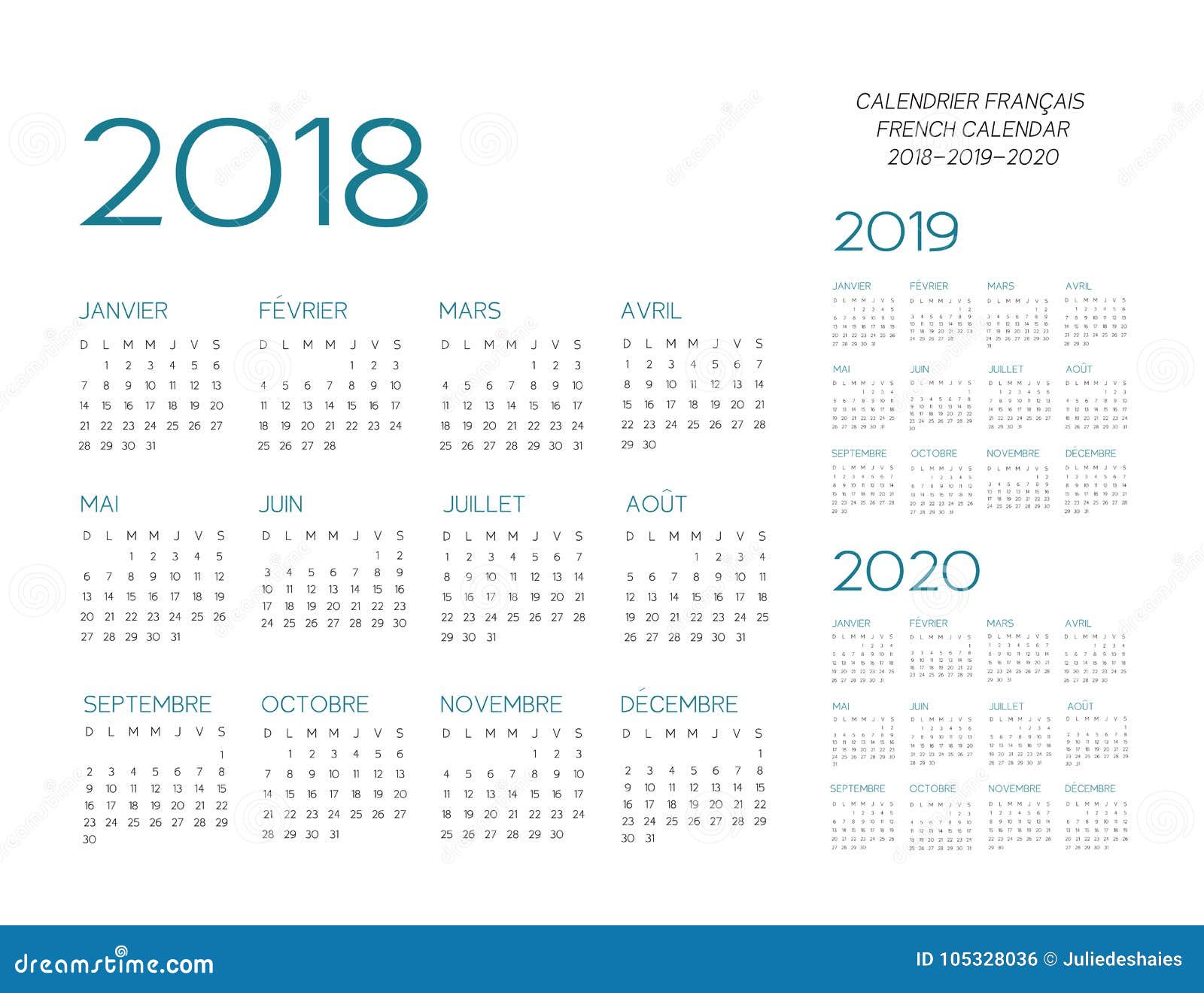 Franse Kalender 2018-2019-2020 Vector Vector Illustratie - Illustration Of  Aantal, Bureau: 105328036