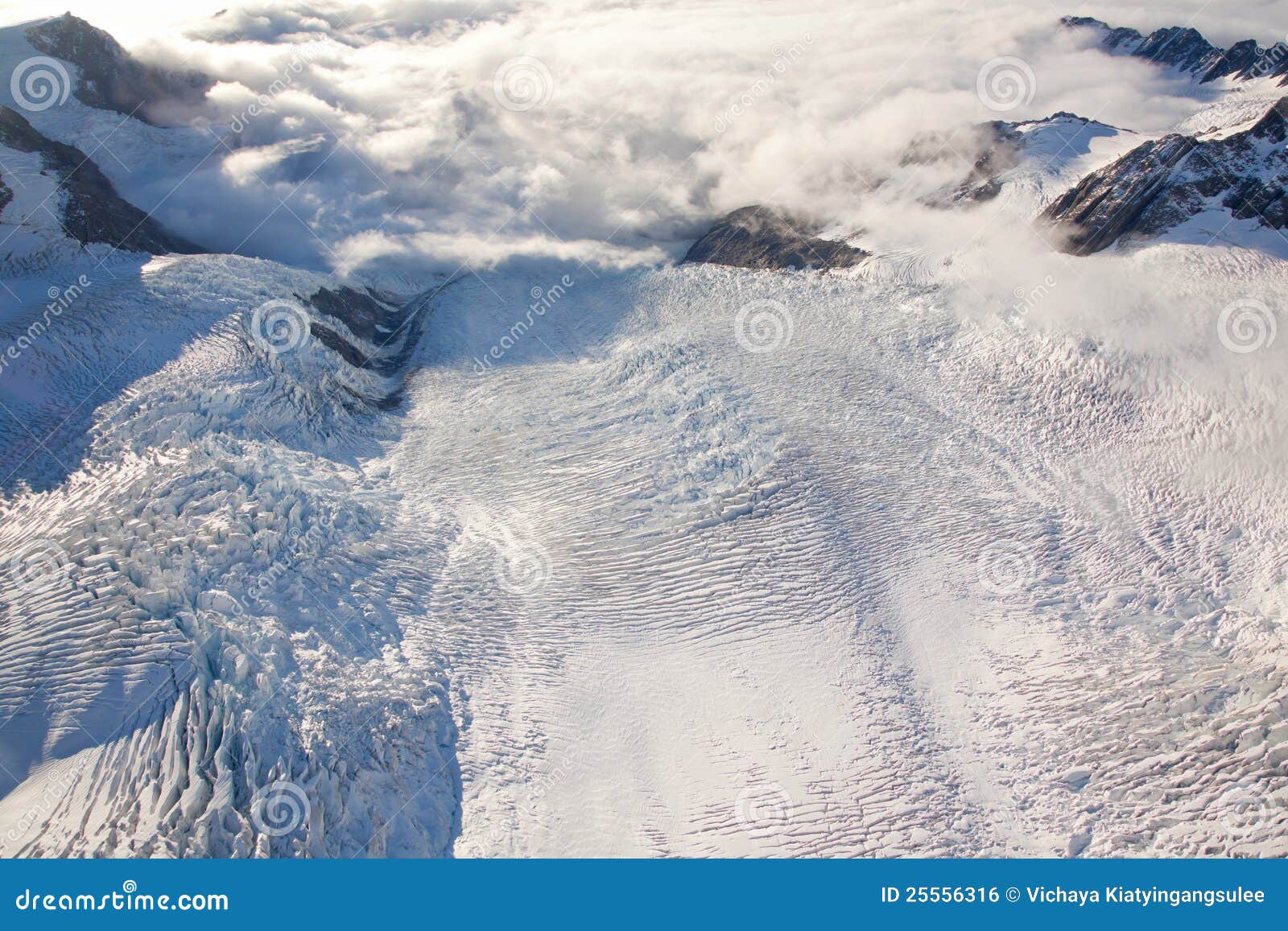 Aerial view of franz josef glacier from helicopter in New Zealand