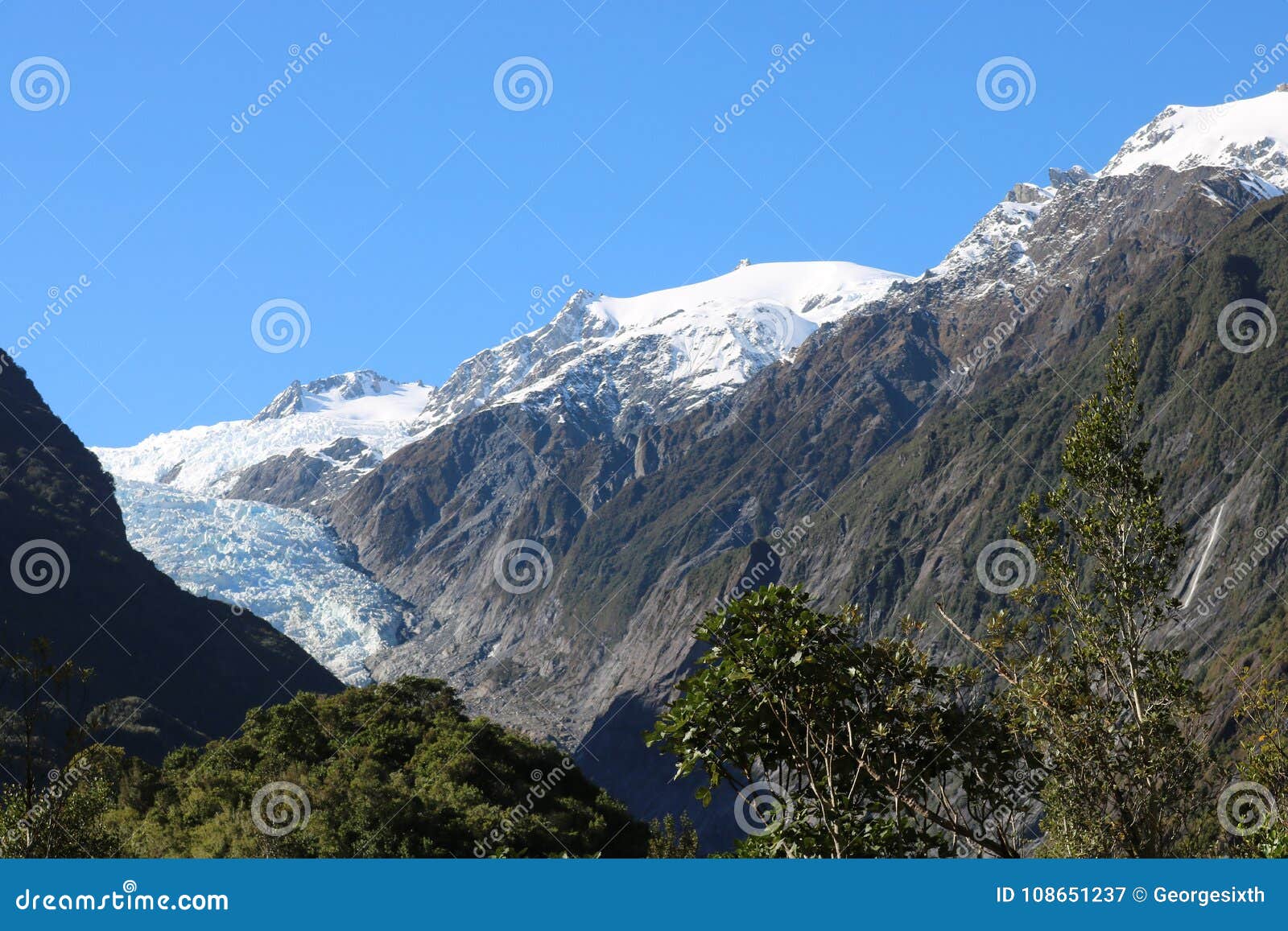 franz josef glacier over treetops from distance