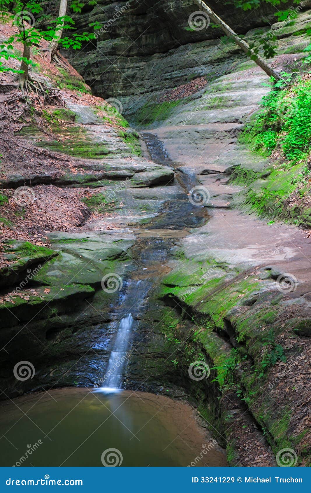 Französische Schlucht. Am Ausgang der französischen Schlucht, fällt ein Strom des Wassers leicht in einen Warteteich.