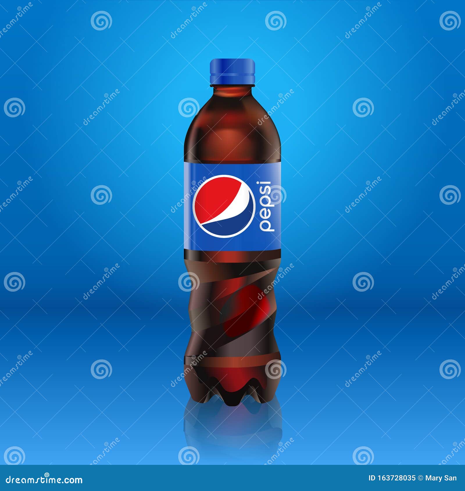 Frasco De Cola Pepsi Realista Se Burla De La Etiqueta Azul Con El Logo  Aislado En Fondo Azul Reflejado En El Suelo Imagen editorial - Ilustración  de refresco, venta: 163728035