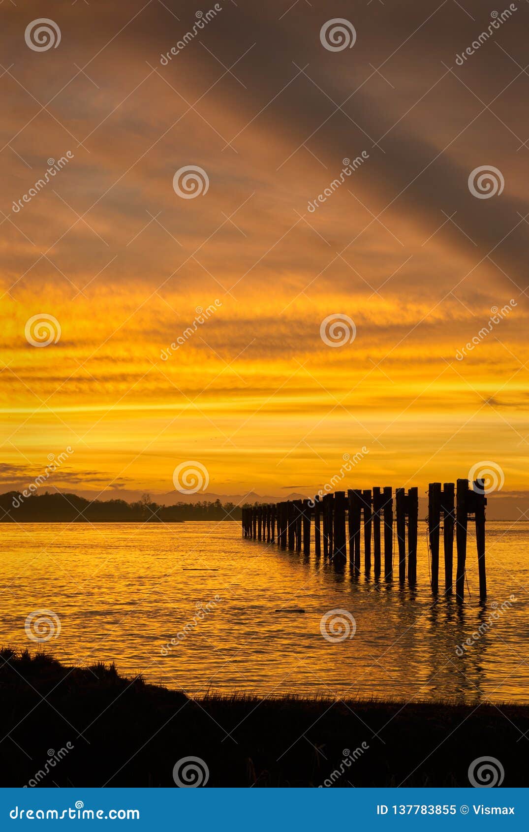 Fraser River Sunset Pilings. Ein ruhiger Sonnenuntergang auf Fraser River Nahe Vancouver Britisch-Columbia, Kanada