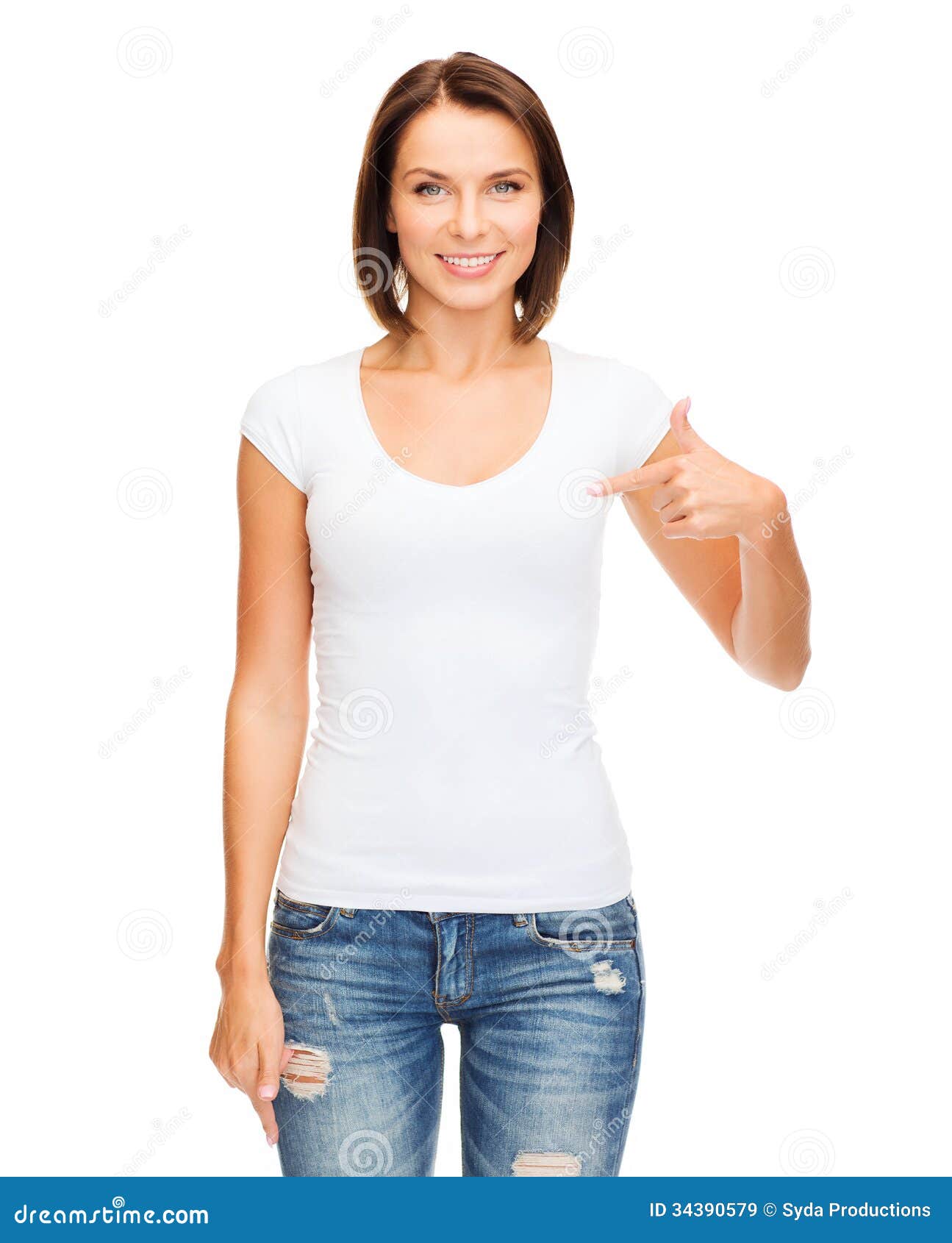 T-Shirt Konzept des Entwurfes - lächelnde Frau im leeren weißen T-Shirt