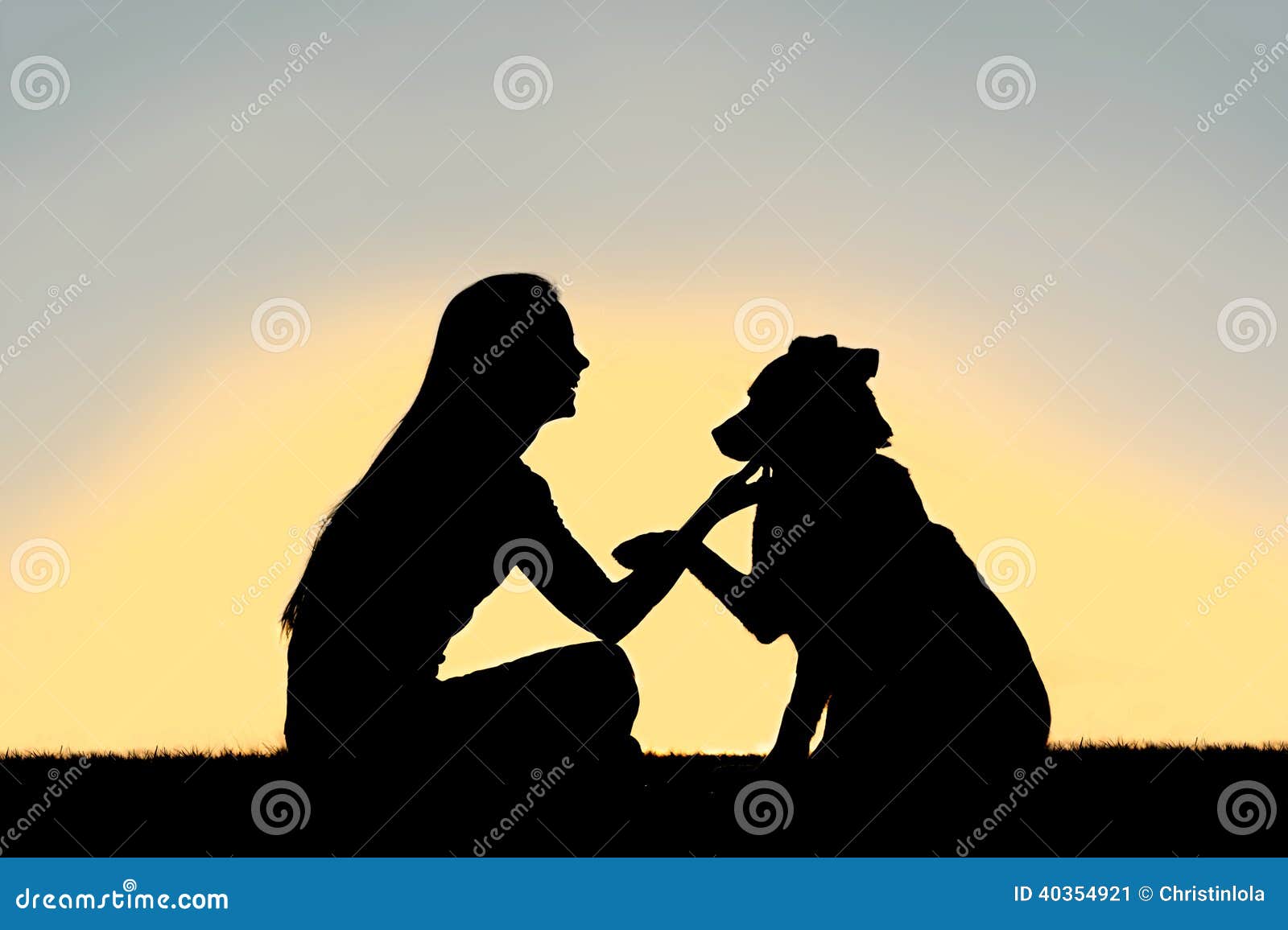 Frau und Hund, die Handsonnenuntergang-Schattenbild rütteln. Ein Schattenbild eines Mädchens, das draußen sitzen, des Trainings und mit ihrem Schäferhundhund, die spielen, wie er ihre Hand rüttelt, die vor einem Sonnenuntergang im Himmel lokalisiert wird