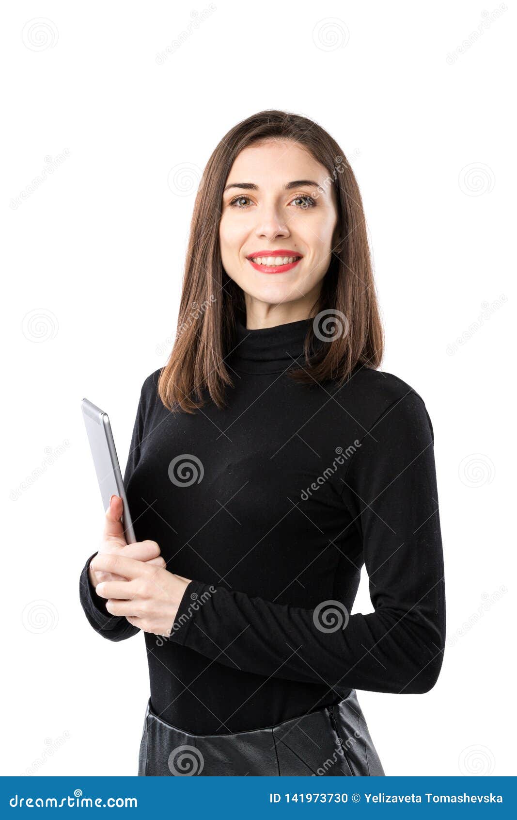 Woman business technology theme. Beautiful young caucasian woman in black shirt posing standing with tablet hands on white isolate background. Profession Marketer Sales Social Media Advertising.