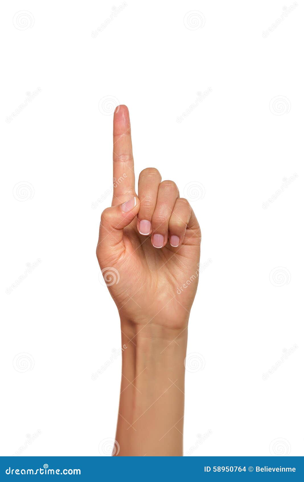 Frauenhand, Die Oben Mit Dem Zeigefinger Zeigt Stockfoto - Bild von