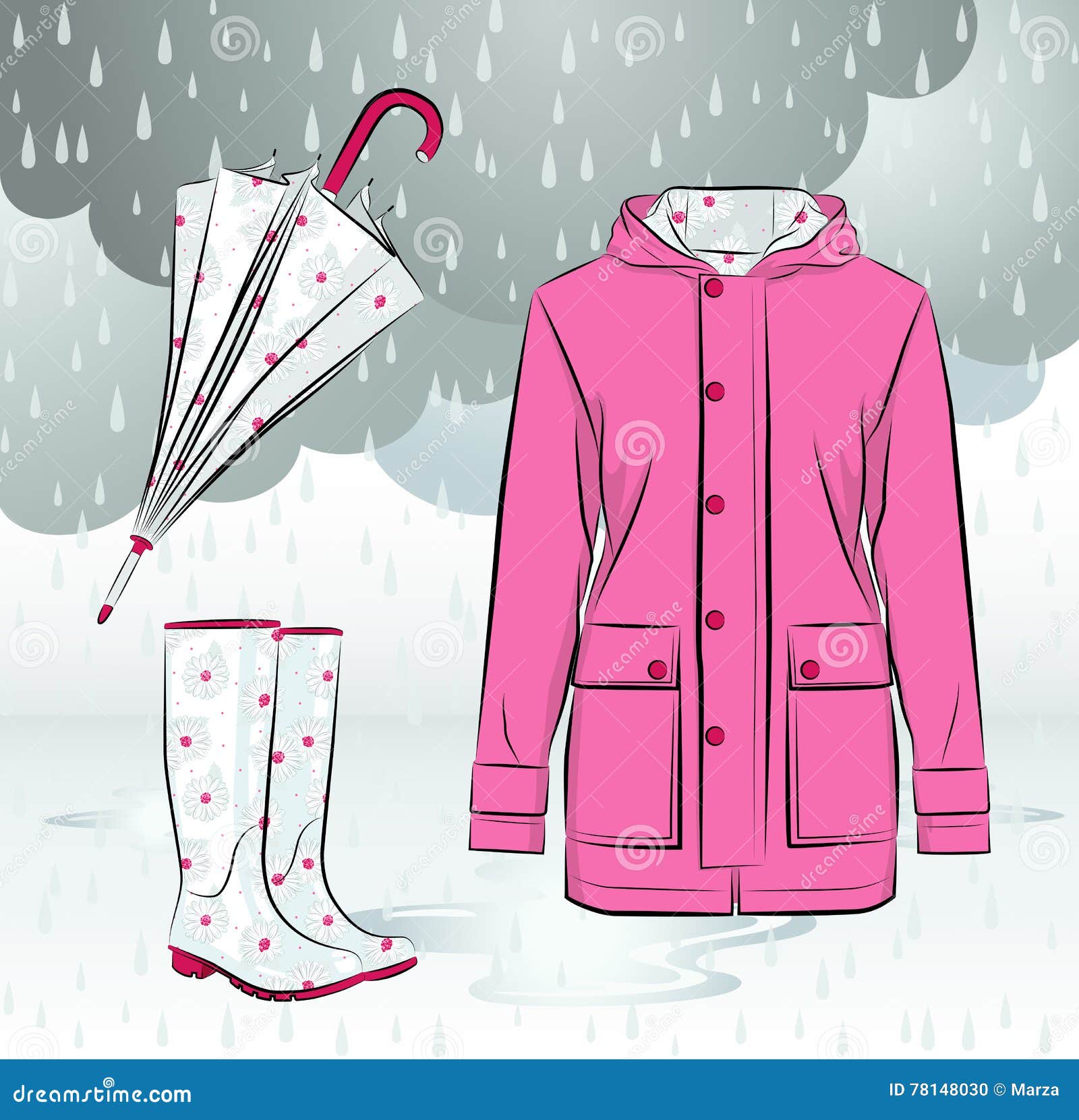 Frauenregenstiefel Jacke Und Regenschirm Mit Blumenmuster Vektor Abbildung Illustration Von Regenschirm Blumenmuster
