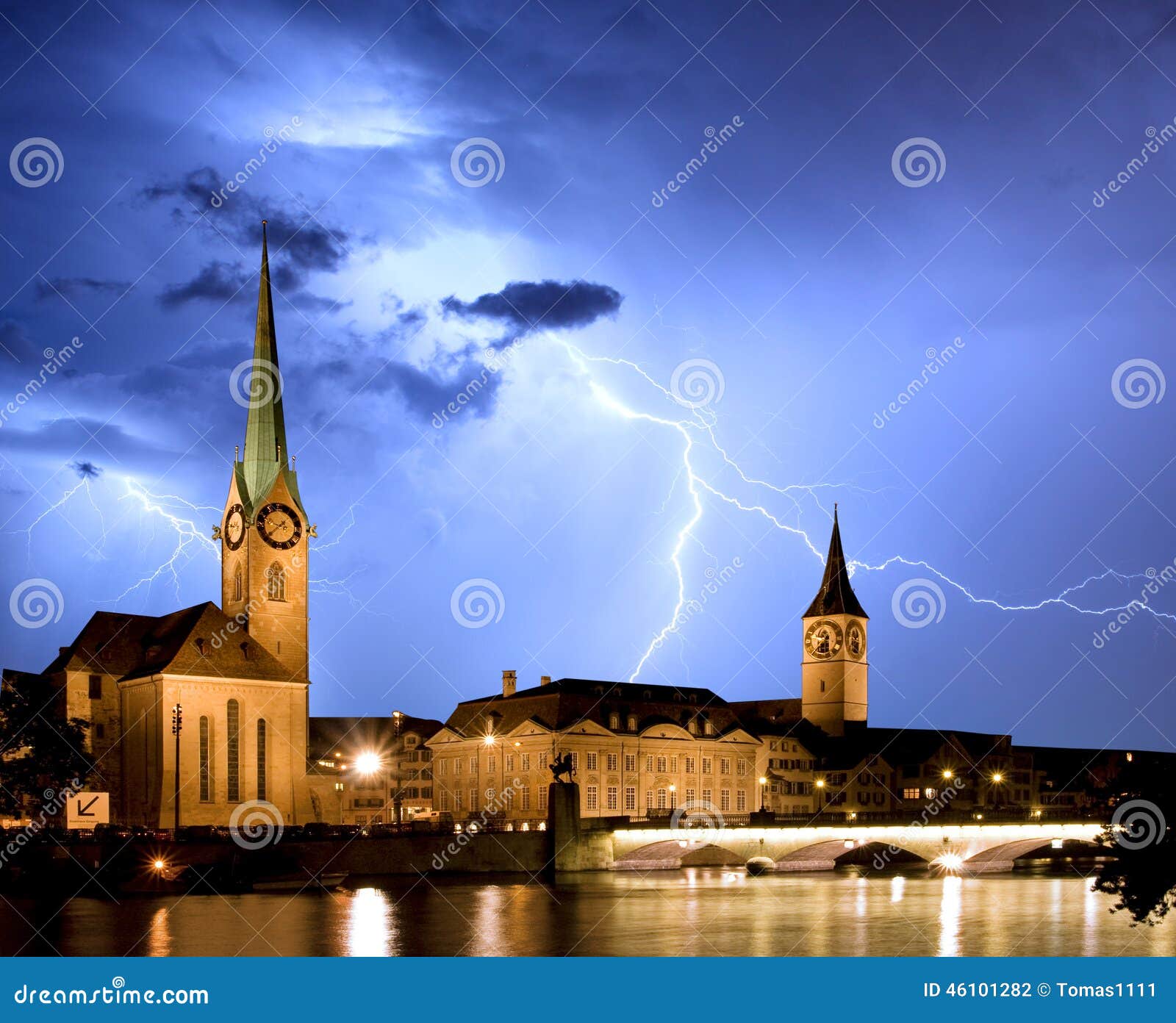 fraumunster - zurich with lightning