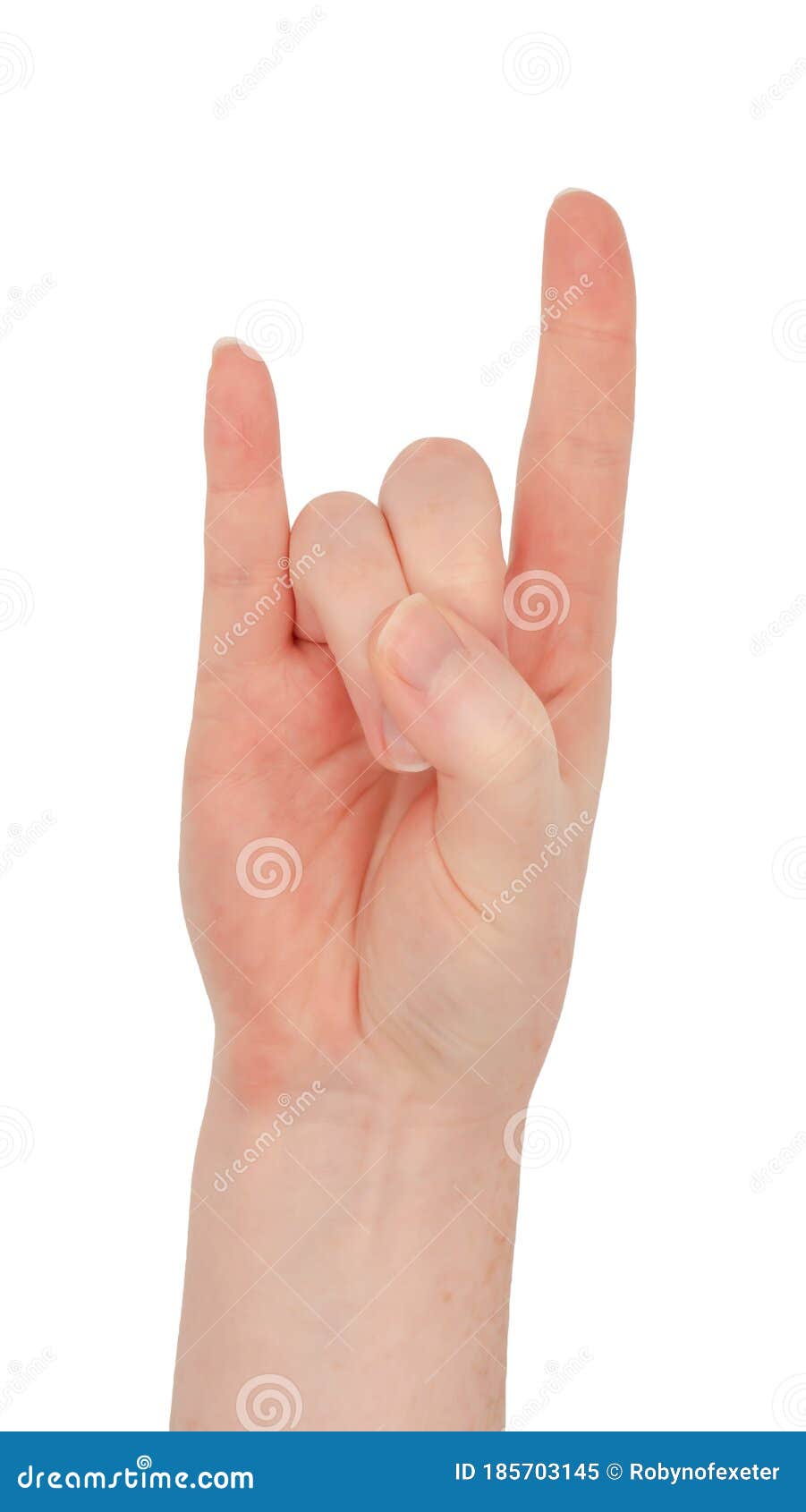 freckled white hand.  woman`s hand in a horns gesture palm up, middle and ring fingers tucked into the palm by the thumb,
