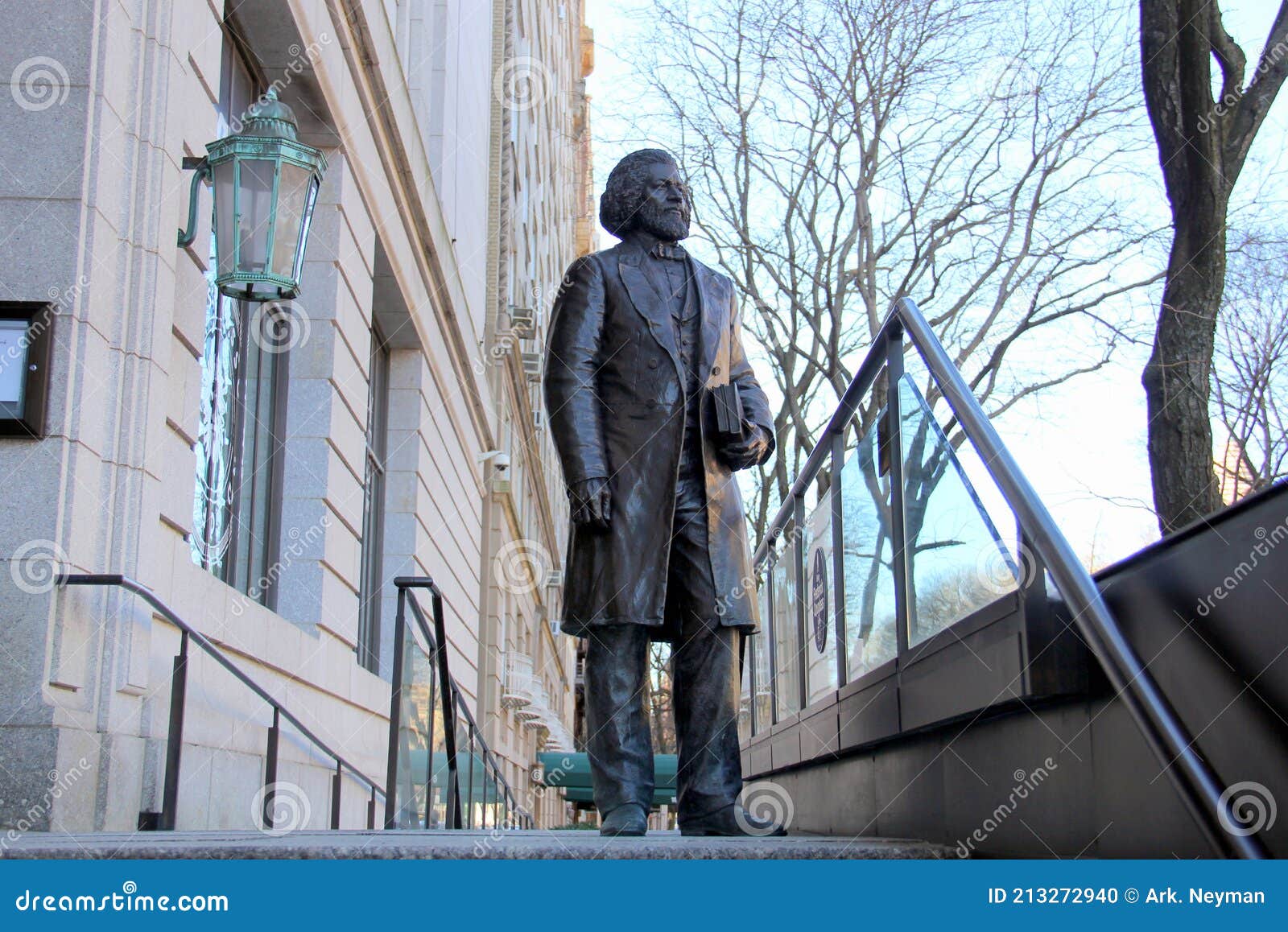 frederick douglass statue on the steps of new york historical society building, new york, ny