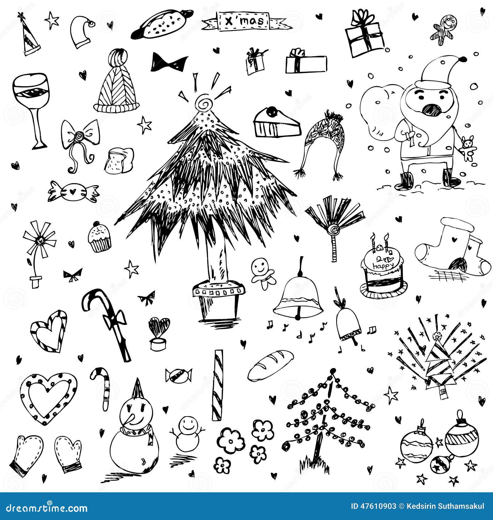 Free Hand Drawing Of Christmas Sketch Symbol Design Set On 