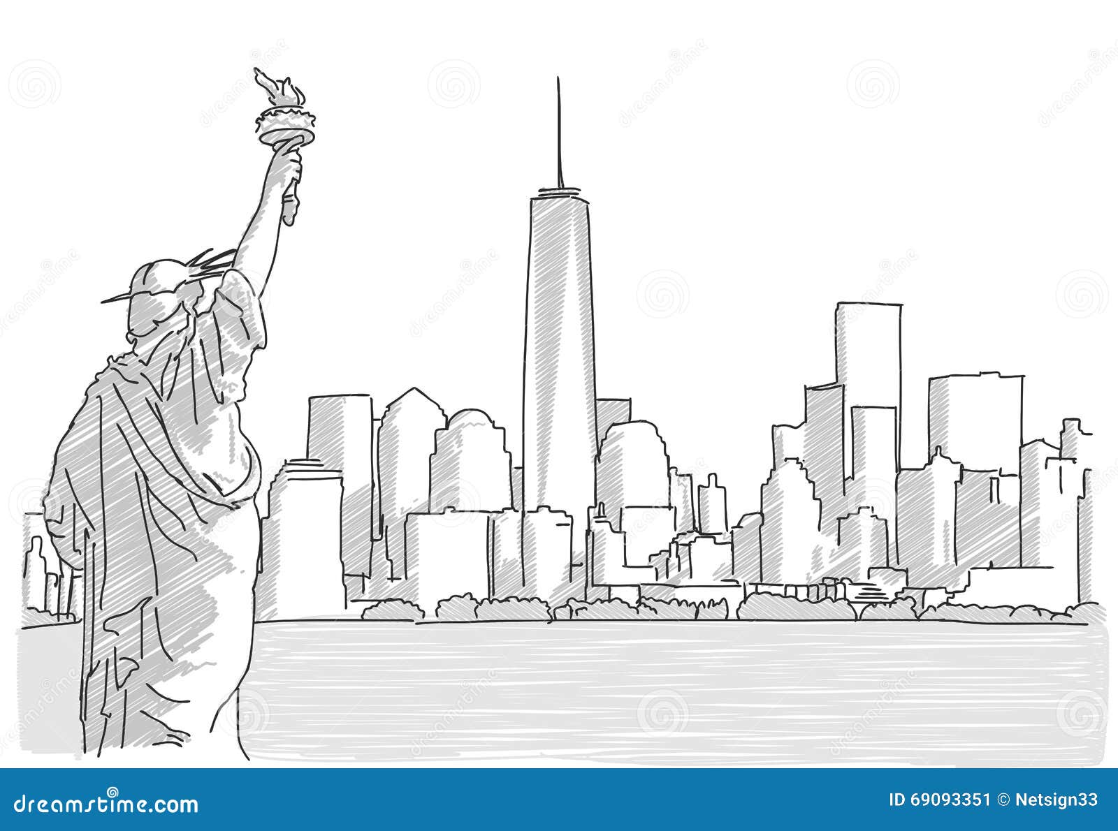 free hand sketch new york city skyline statue liberty vector drawing 69093351