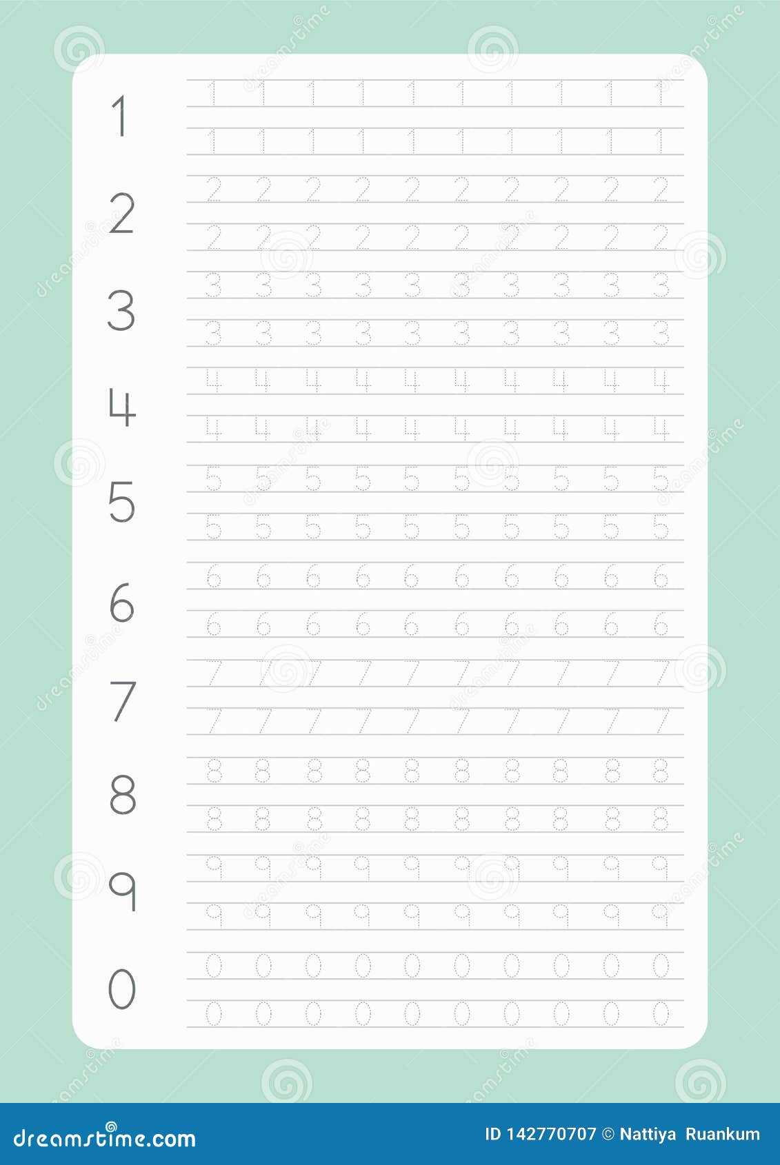 free handwriting pages for writing numbers learning numbers numbers tracing worksheet for kindergarten stock vector illustration of counting card 142770707