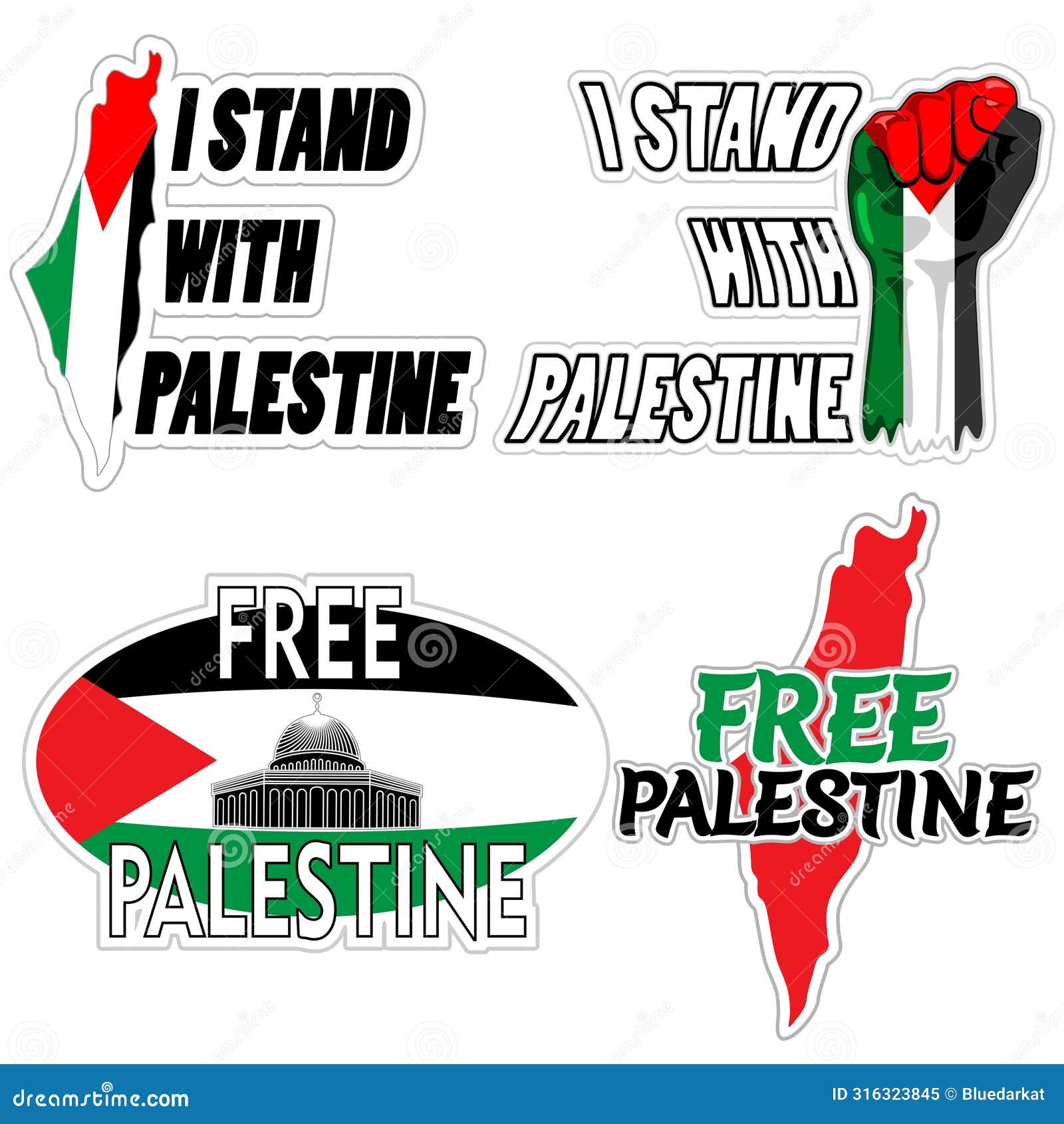 free palestine text logos with palestinian flag, palestine map, al aqsa mosq, freedom fist, set of four  graphic logos