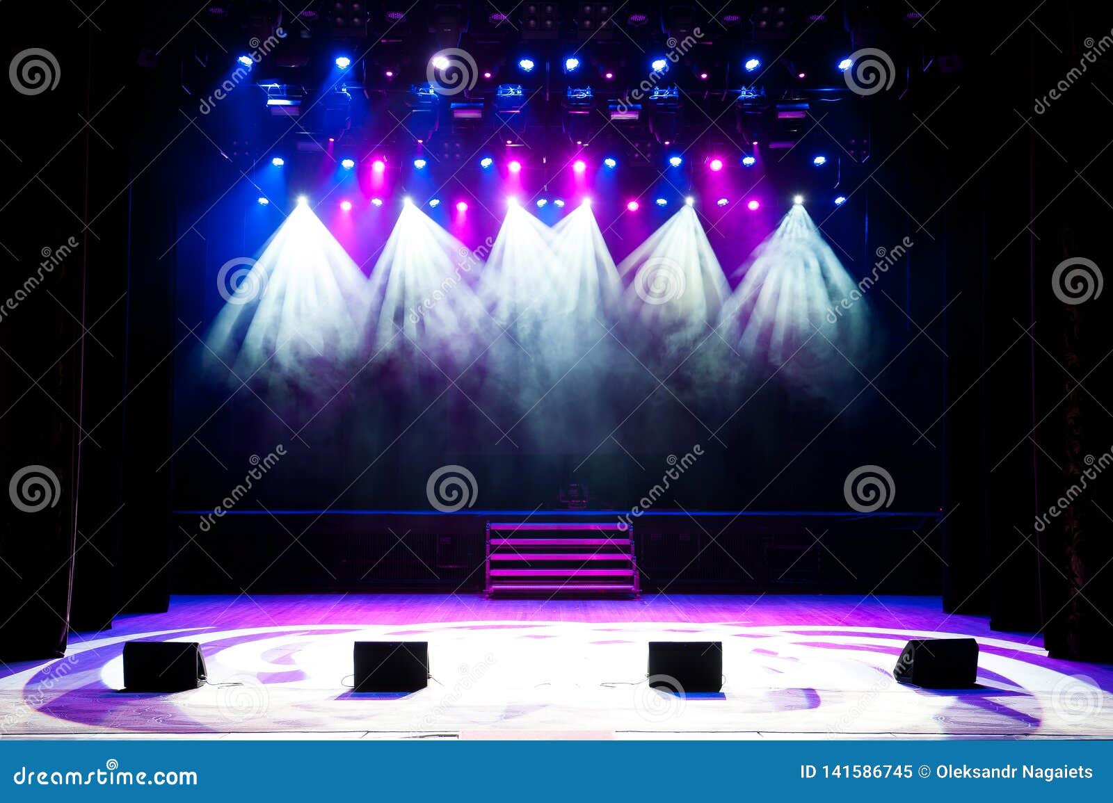 Free Stage with Lights, Lighting Devices. Night Show. Stock Image - Image of background, effects
