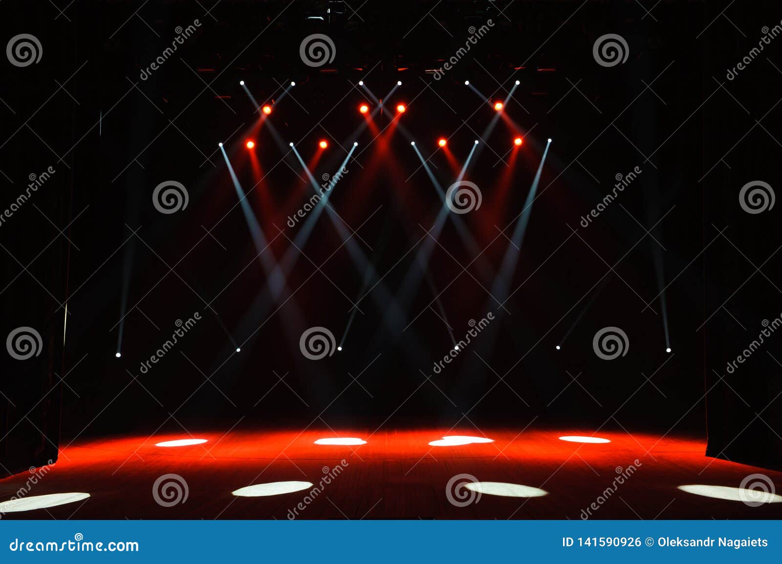 Free Stage with Lights, Lighting Devices. Night Show. Stock Photo