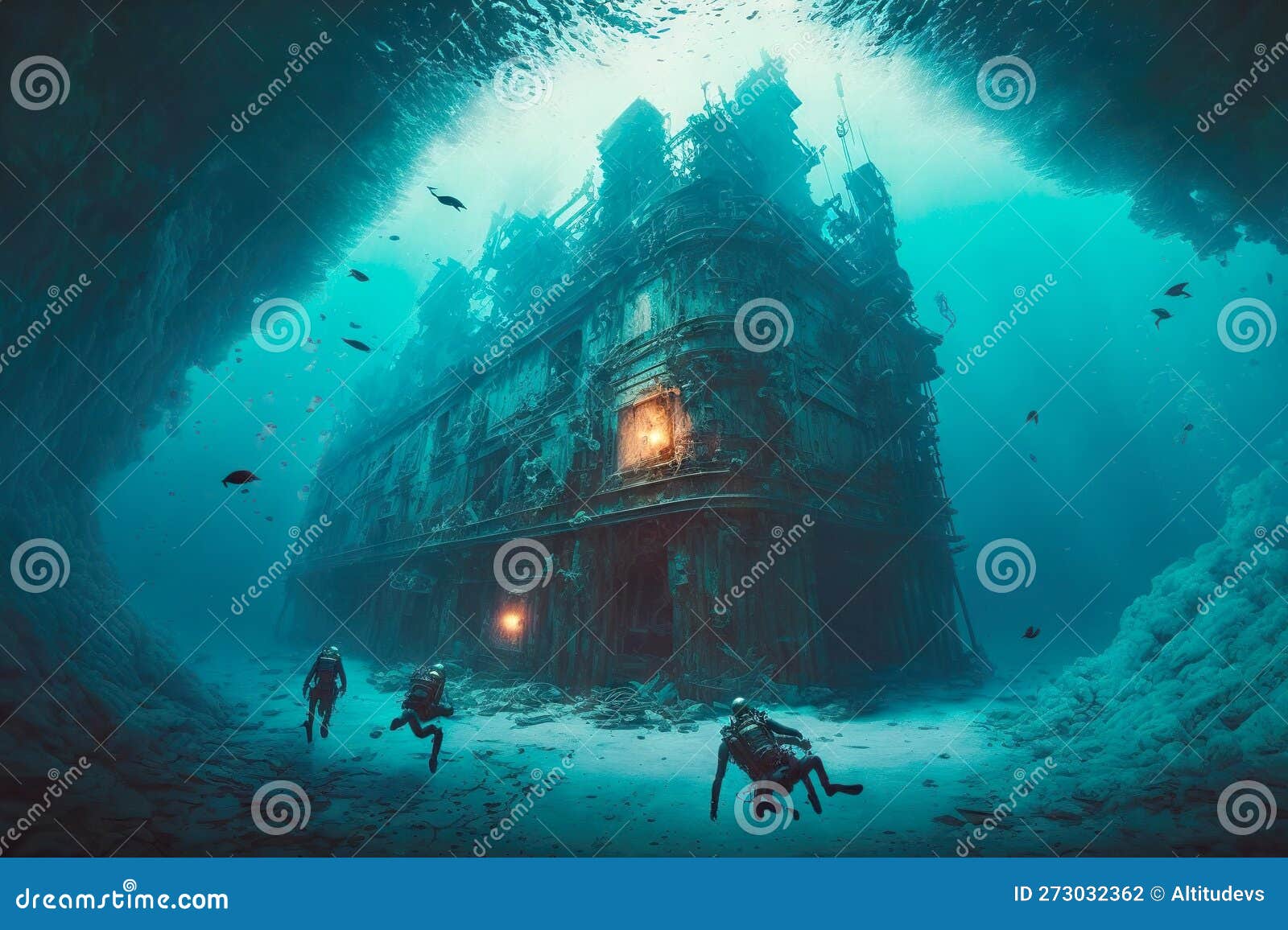 freedivers swim around sunken ship during freediving